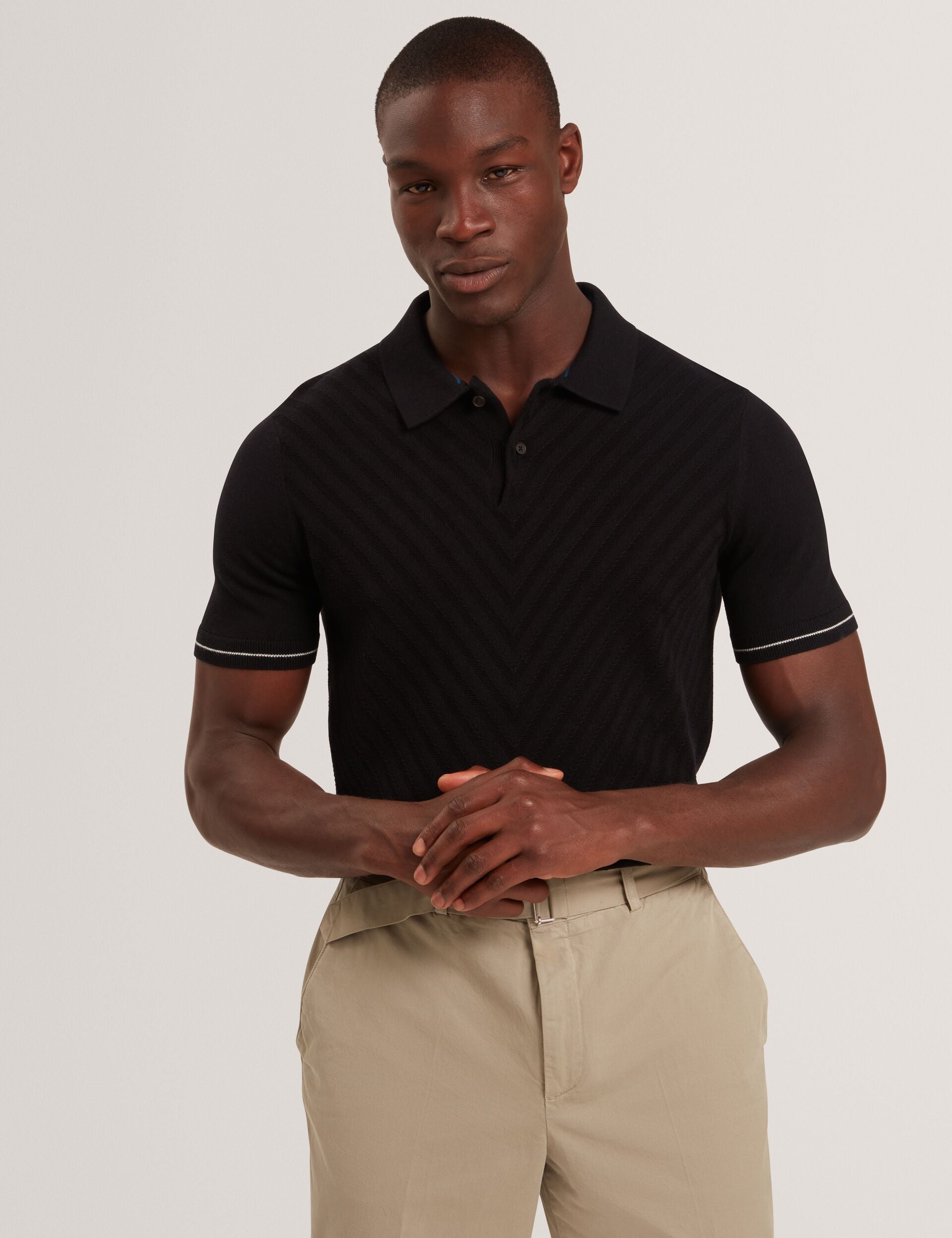 black dress shirt with tan pants Black Chevron Texture Knit Short Sleeve Polo | Chapal