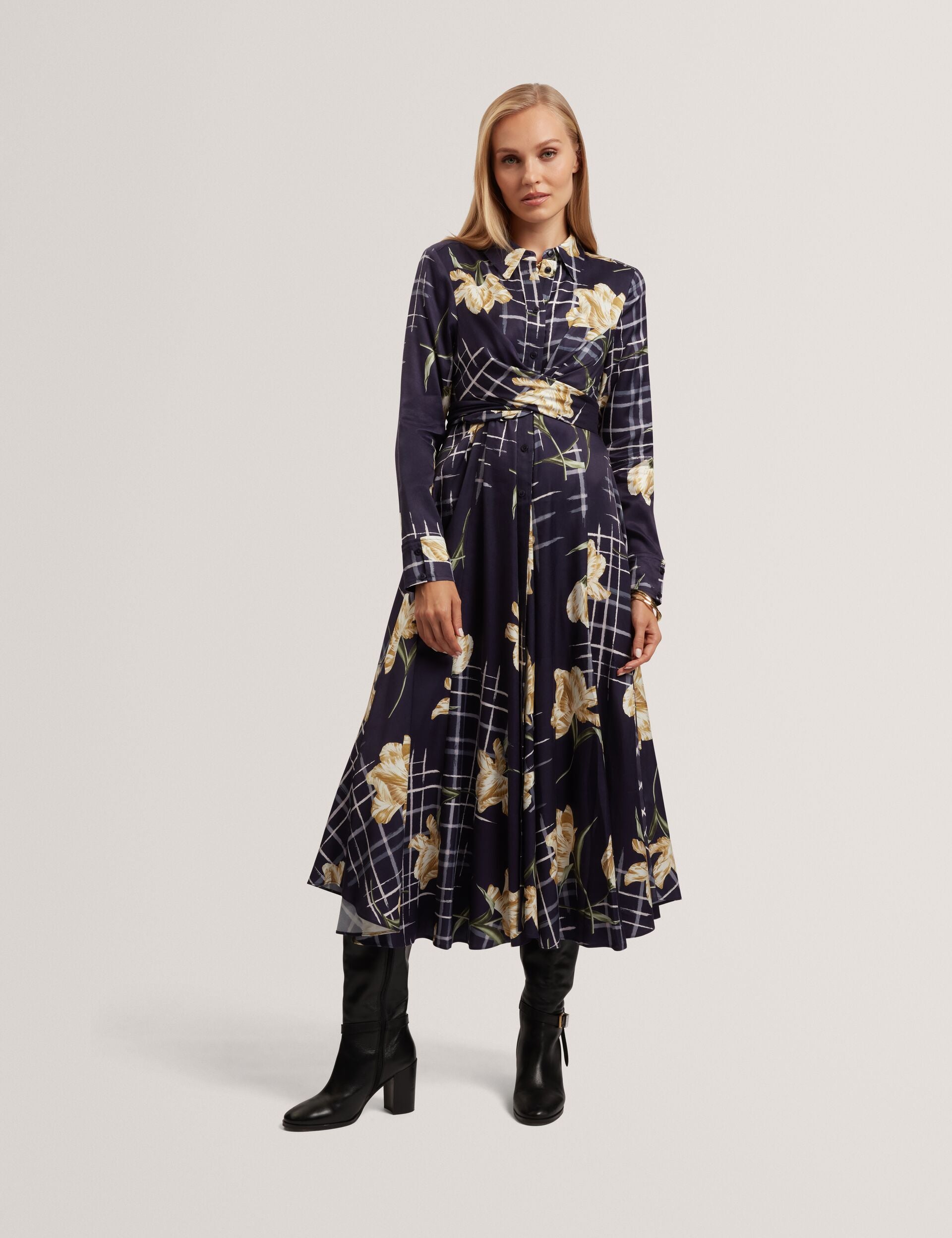 Floral Check Wrap Front Shirt Dress | Maylia