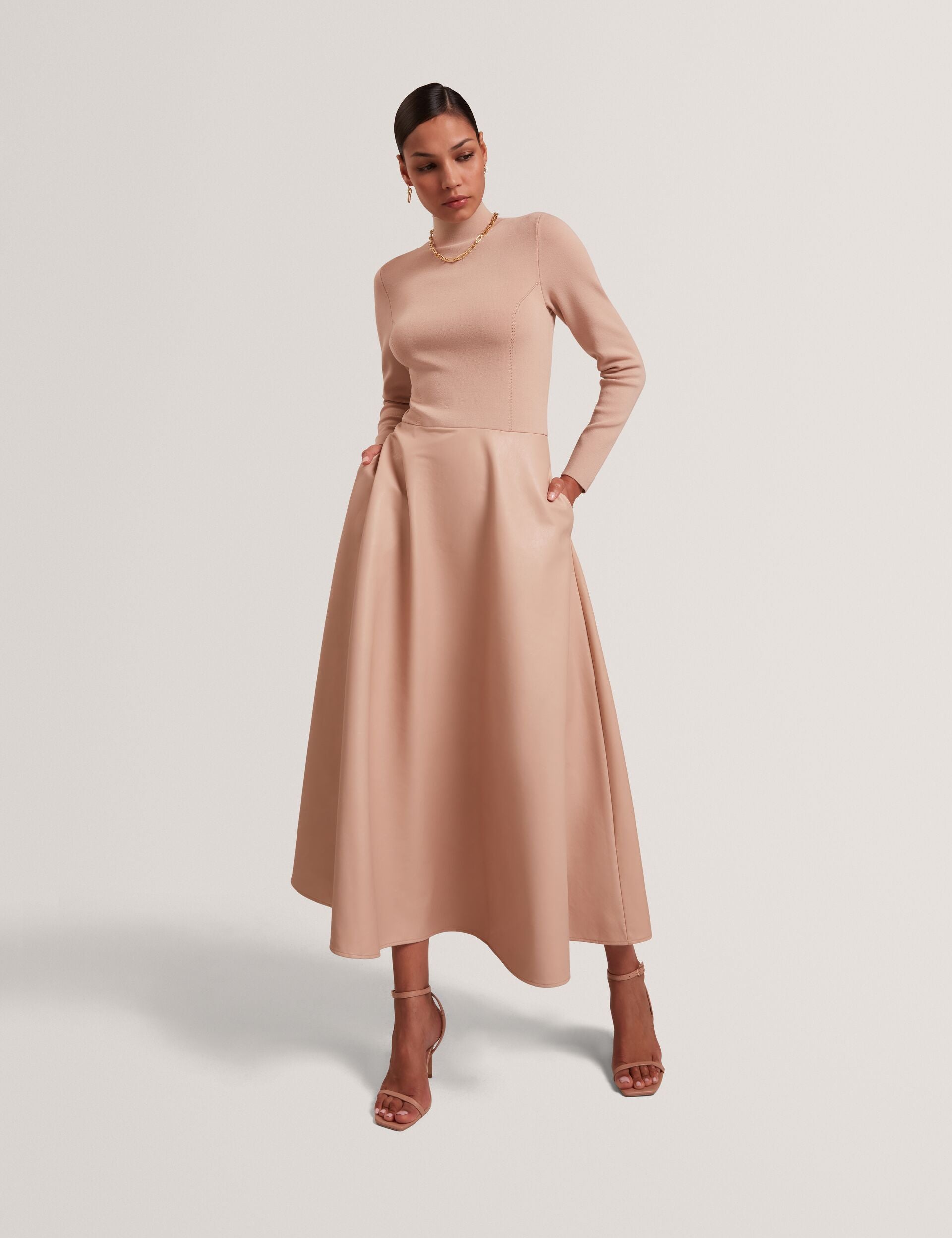 High Neck Knit & Faux Leather Midi Dress | Allmie