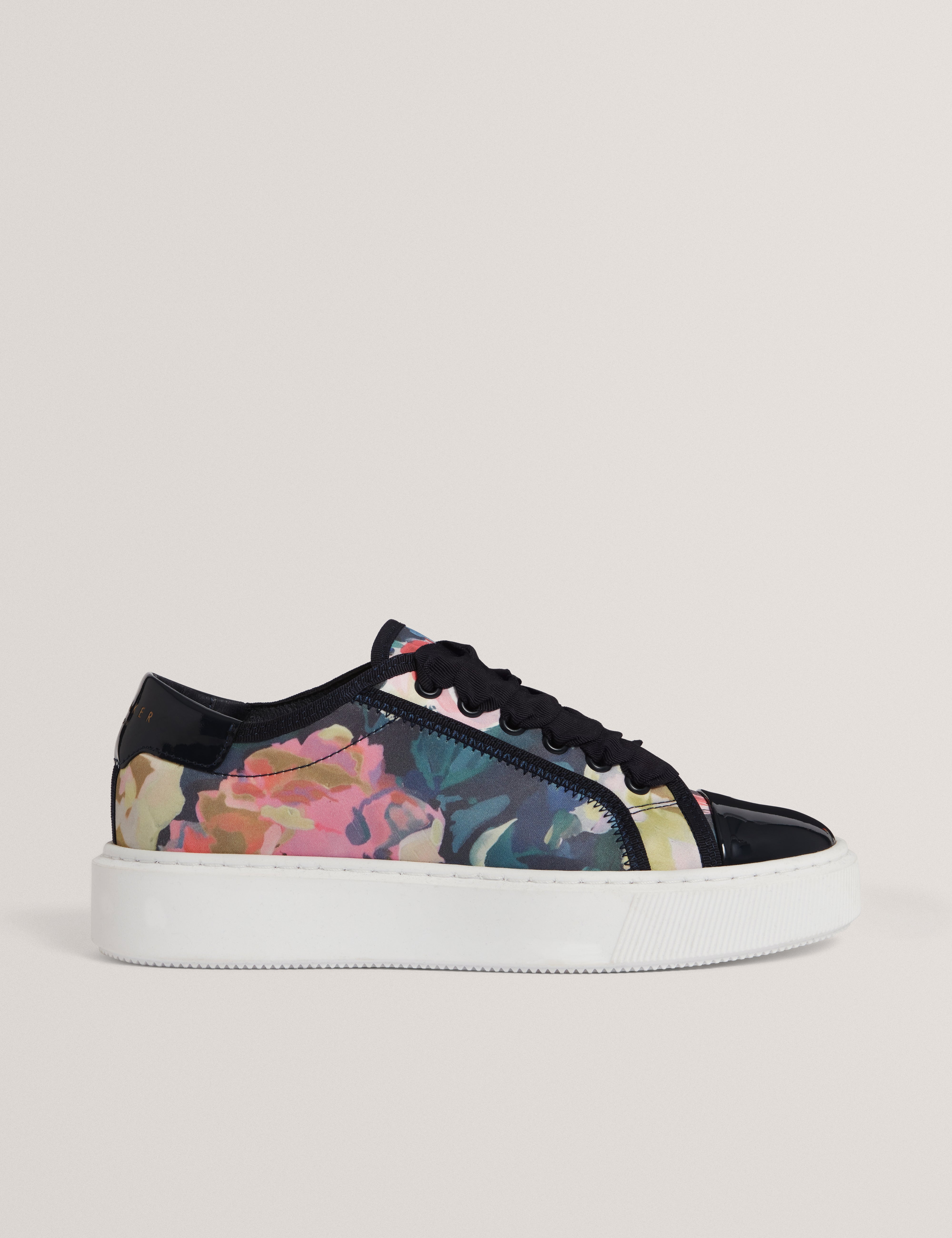 ZAIIRA Floral Print Satin Platform Trainers in Navy