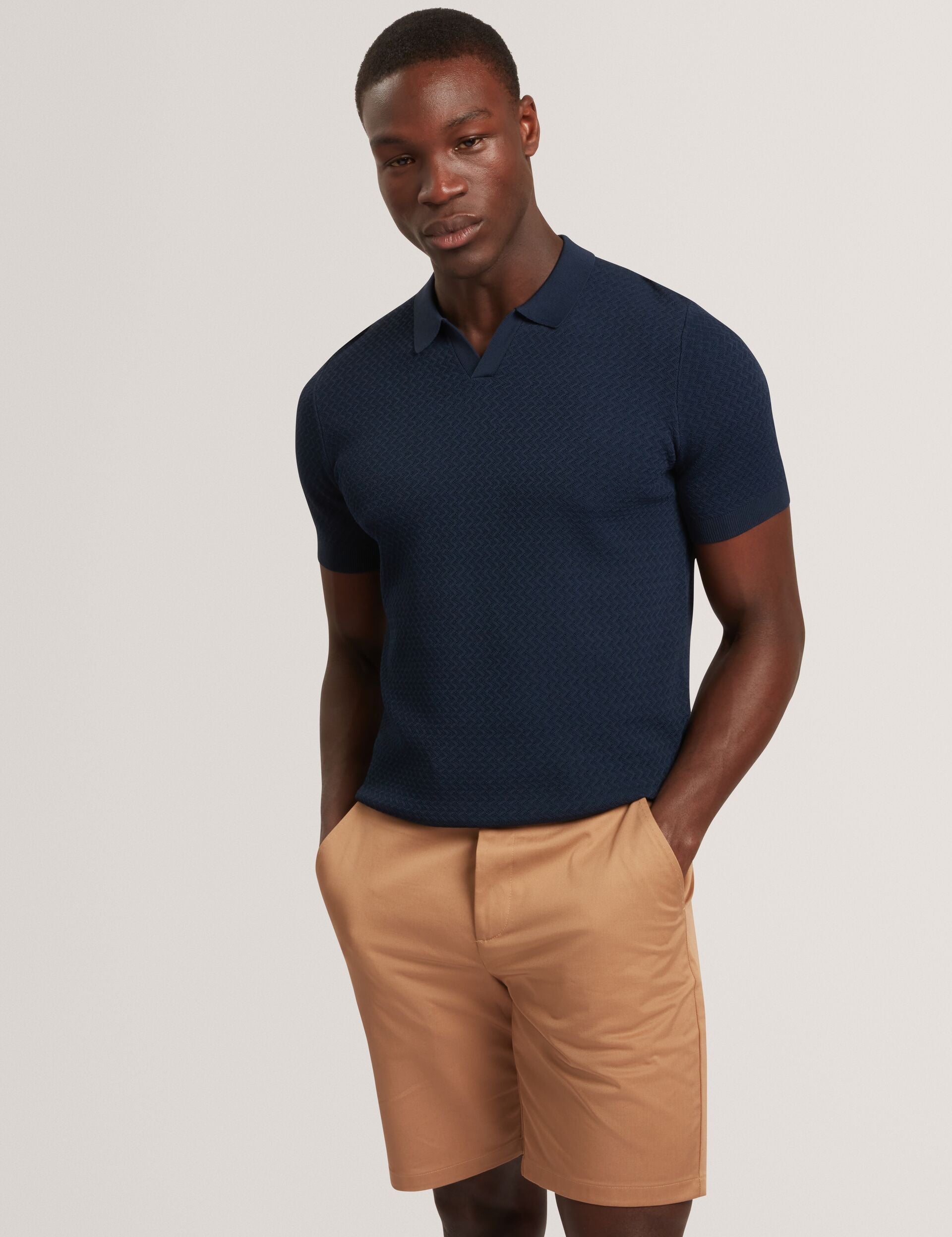 Navy Zig Zag Knit Open Neck Polo | Luthen | Ted Baker US