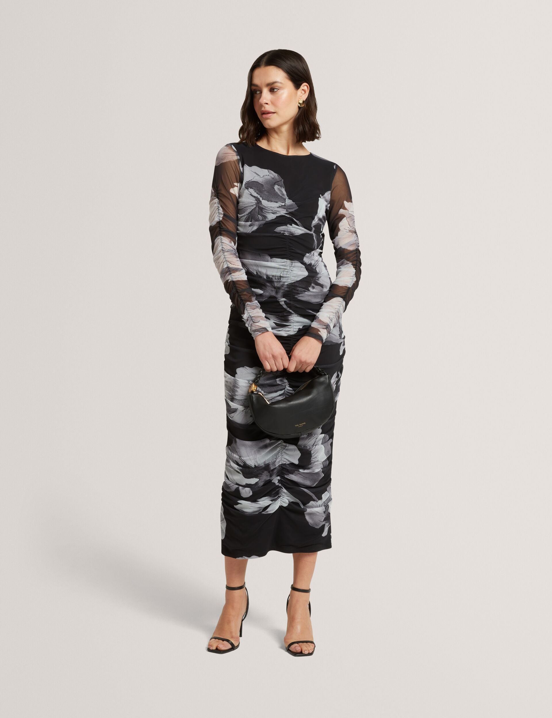 Black Dark Floral Ruched Mesh Bodycon Midi Dress | Arietty | Ted Baker UK Black Dark Floral Ruched Mesh Bodycon Midi Dress | Arietty | Ted Baker UK