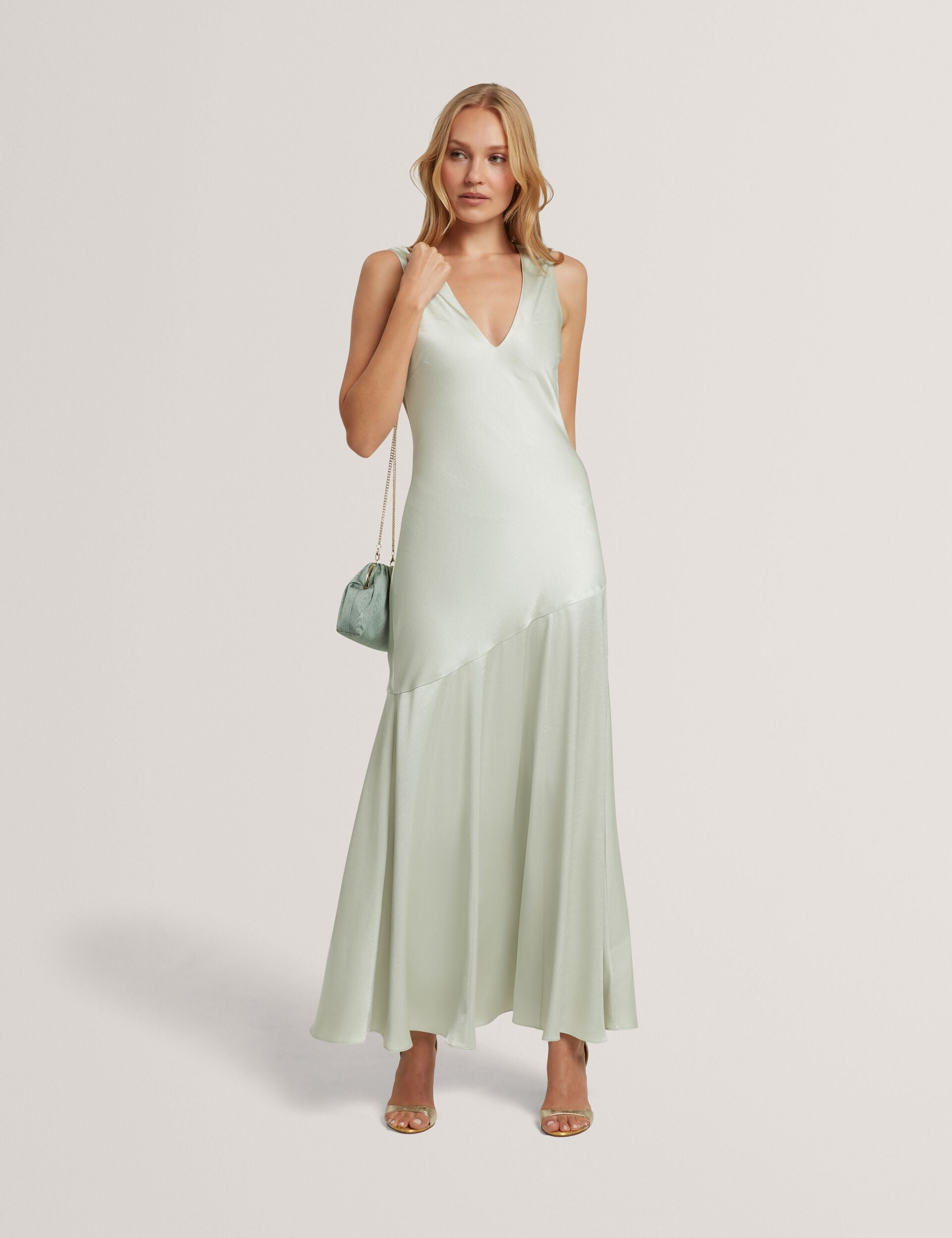 ted baker maxi dress green Pale Green Satin Sleeveless V-neck Maxi Dress | Sanari