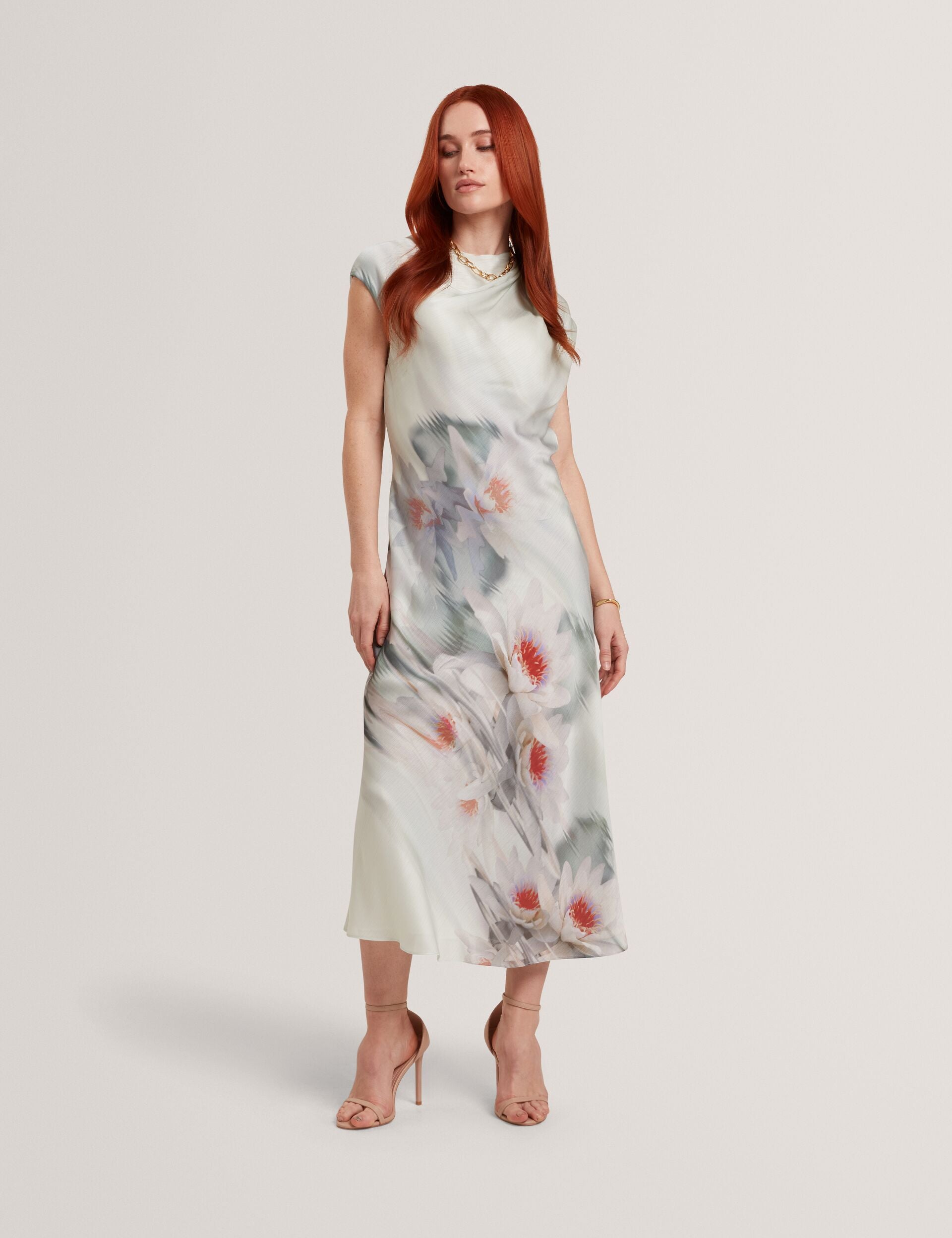 Pale Green Lily Print Drape Neck Midi Dress | Shayyla