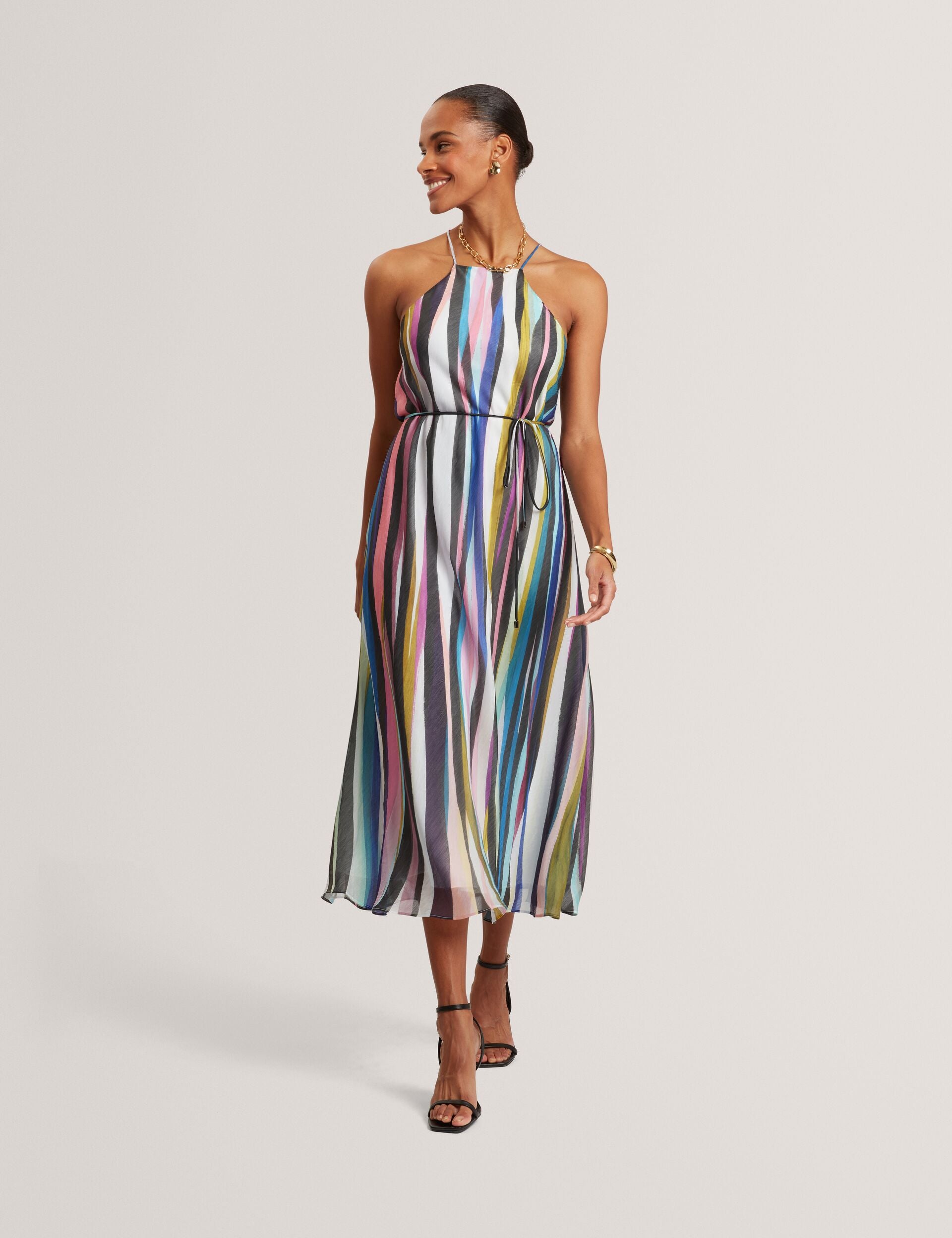 ted baker striped midi dress Black Wavy Stripe Halterneck Midi Dress | Azurra