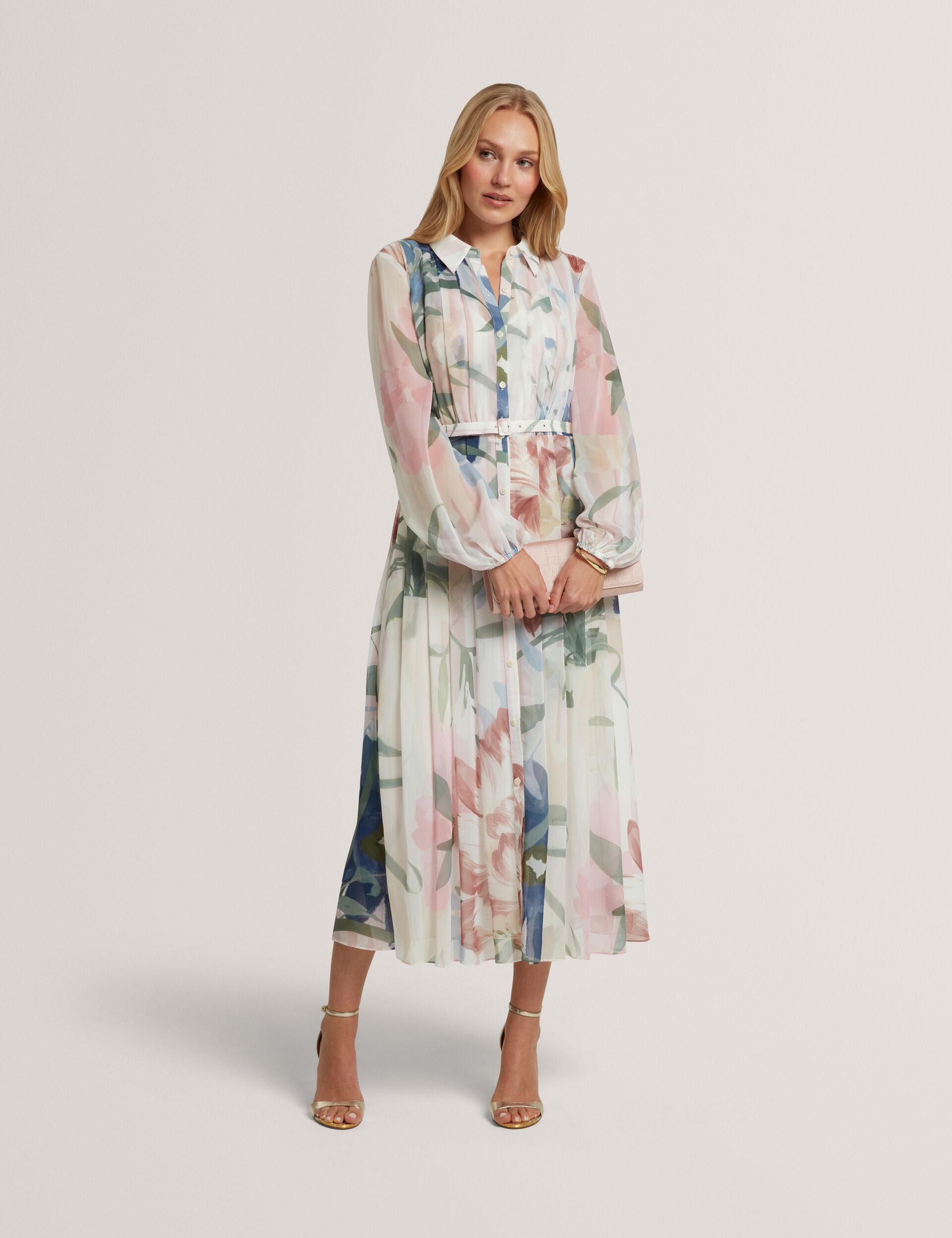 strapless open back dress Light Pink Soft Blooms Pleated Midi Shirt Dress | Arnia