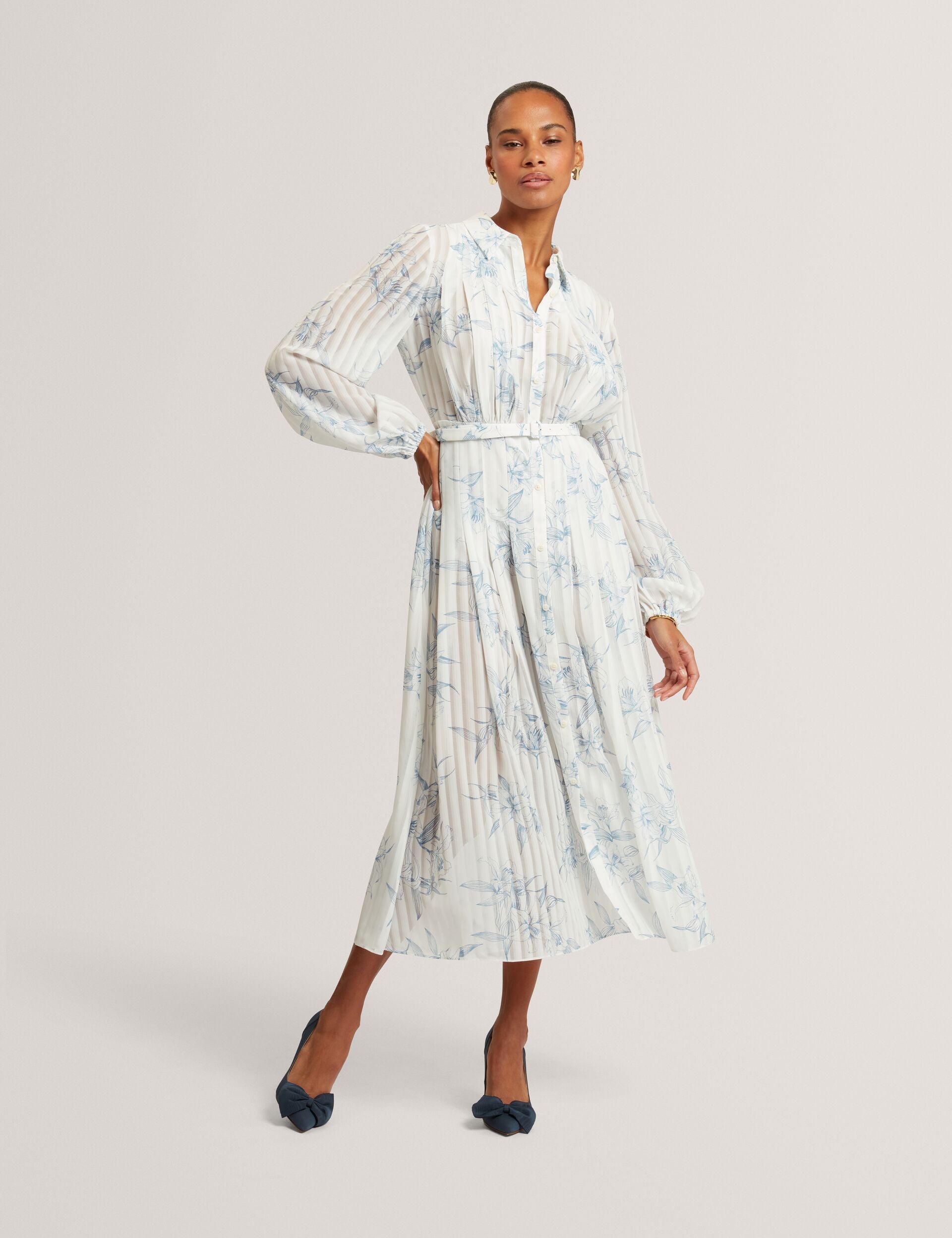 open lace back dress Sketch Floral Pleated Midi Shirt Dress | Bernia