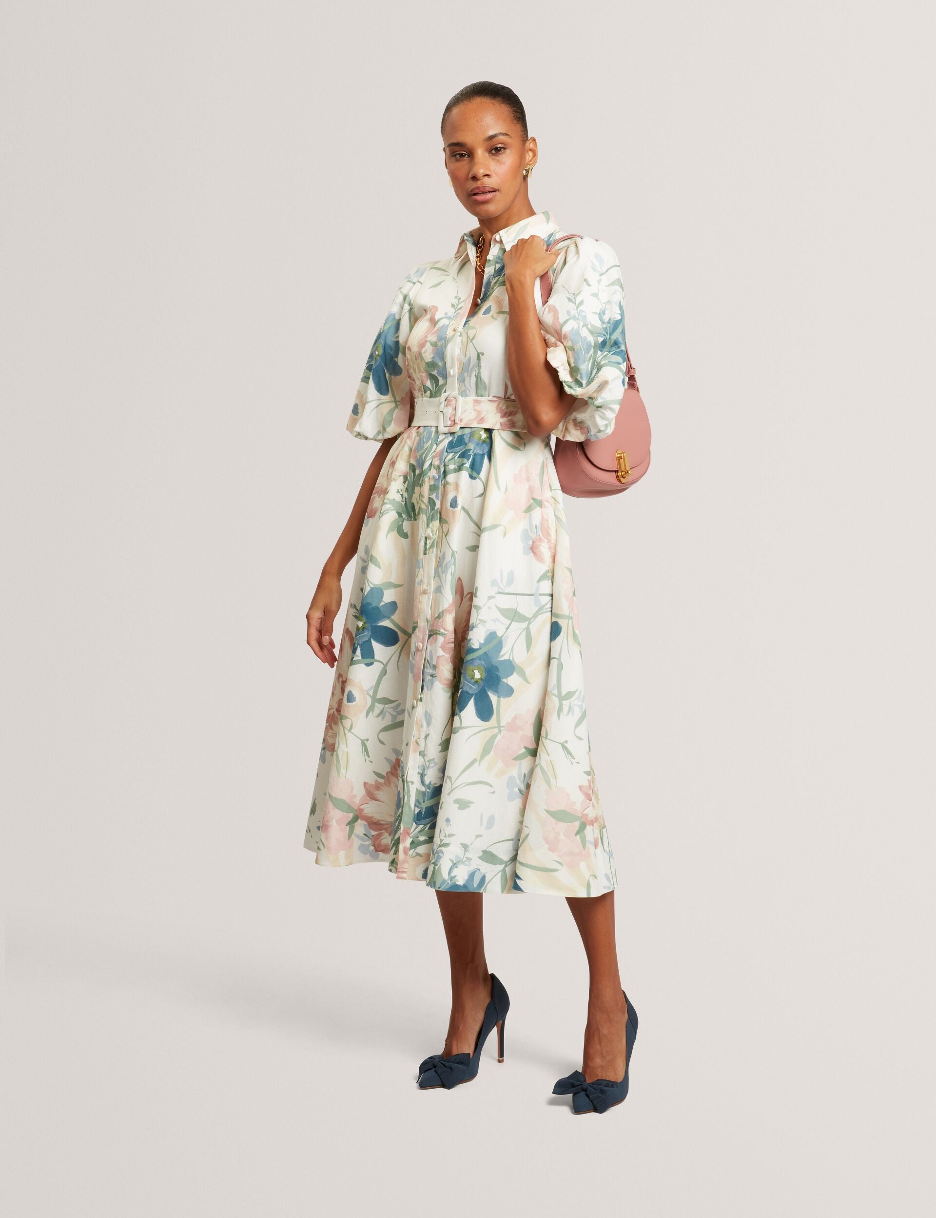 Soft Blooms Puff Sleeve Linen Midi Shirt Dress | Breei