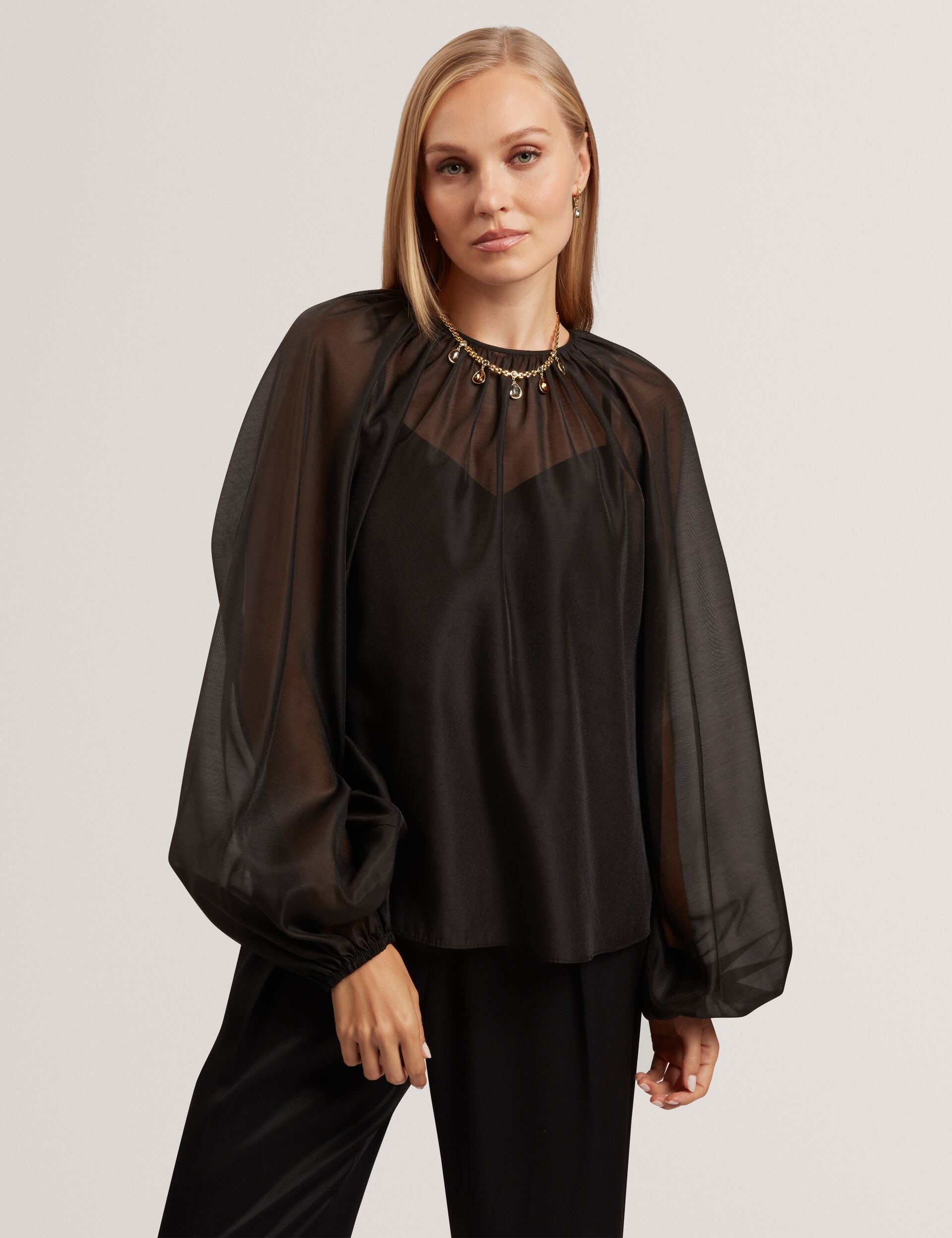 Eelana Organza Long Balloon Sleeve Blouse 
