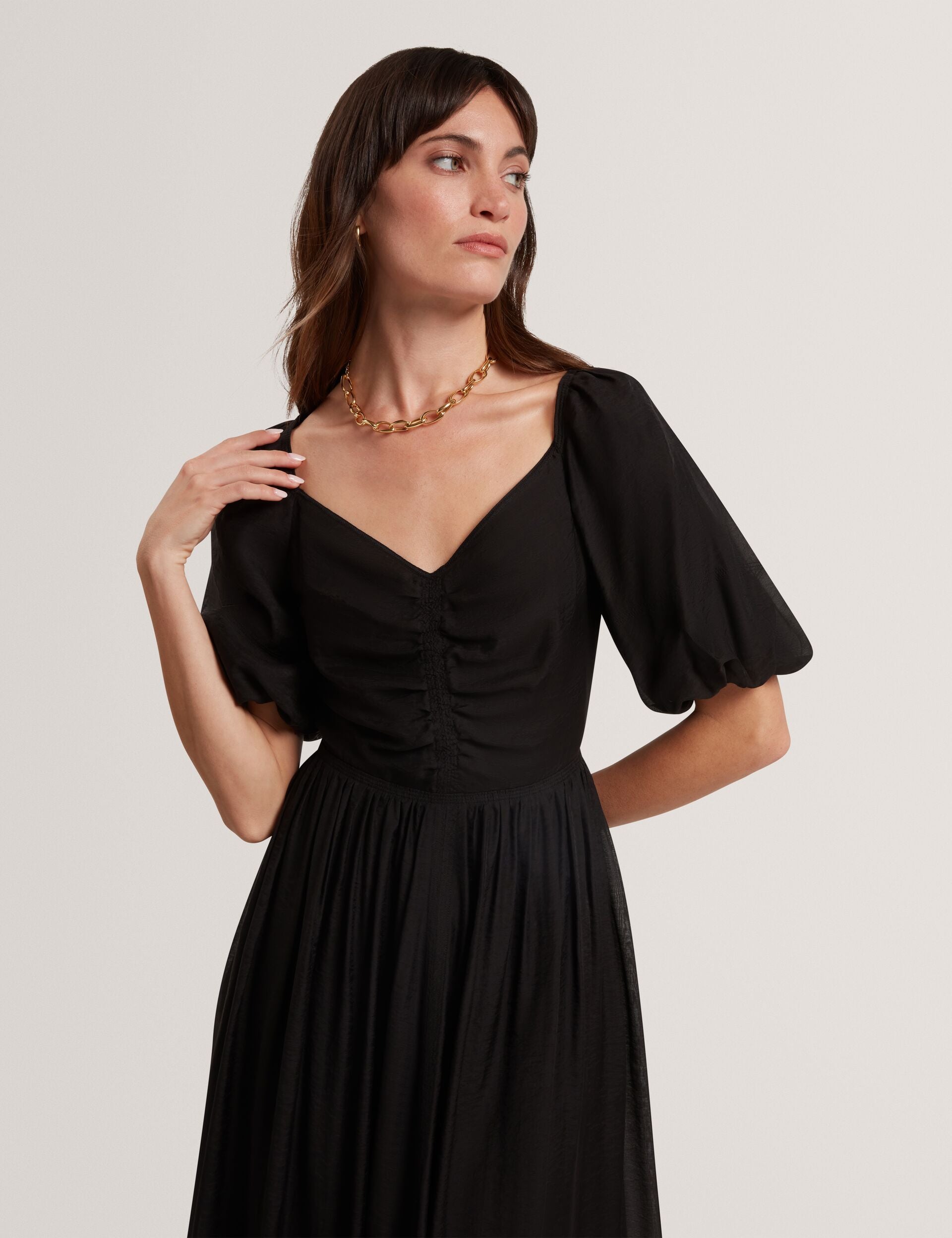 Puff Sleeve V-neck Woven Midi Dress | Orlaah
