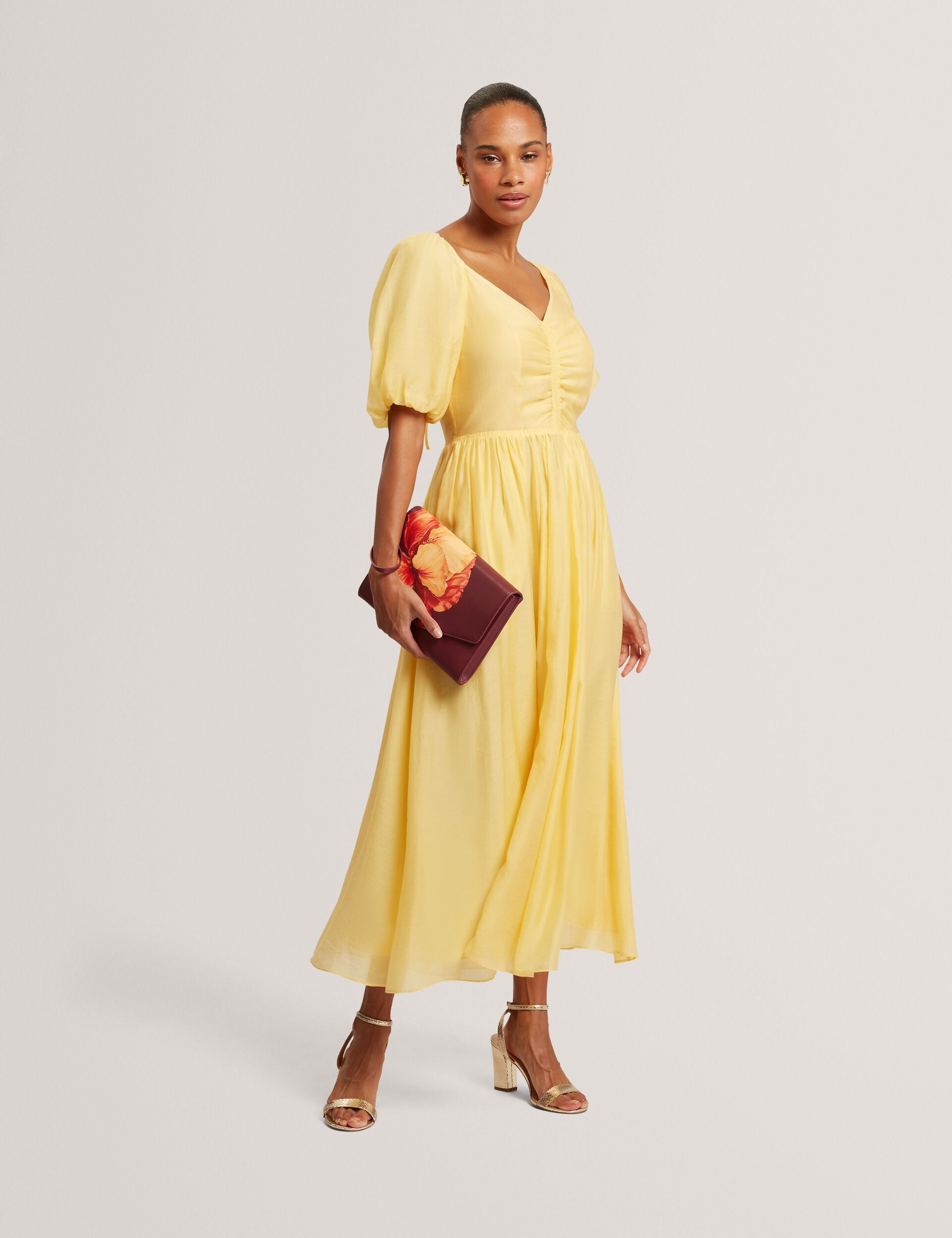 yellow midi dress uk Puff Sleeve V-neck Woven Midi Dress | Orlaah