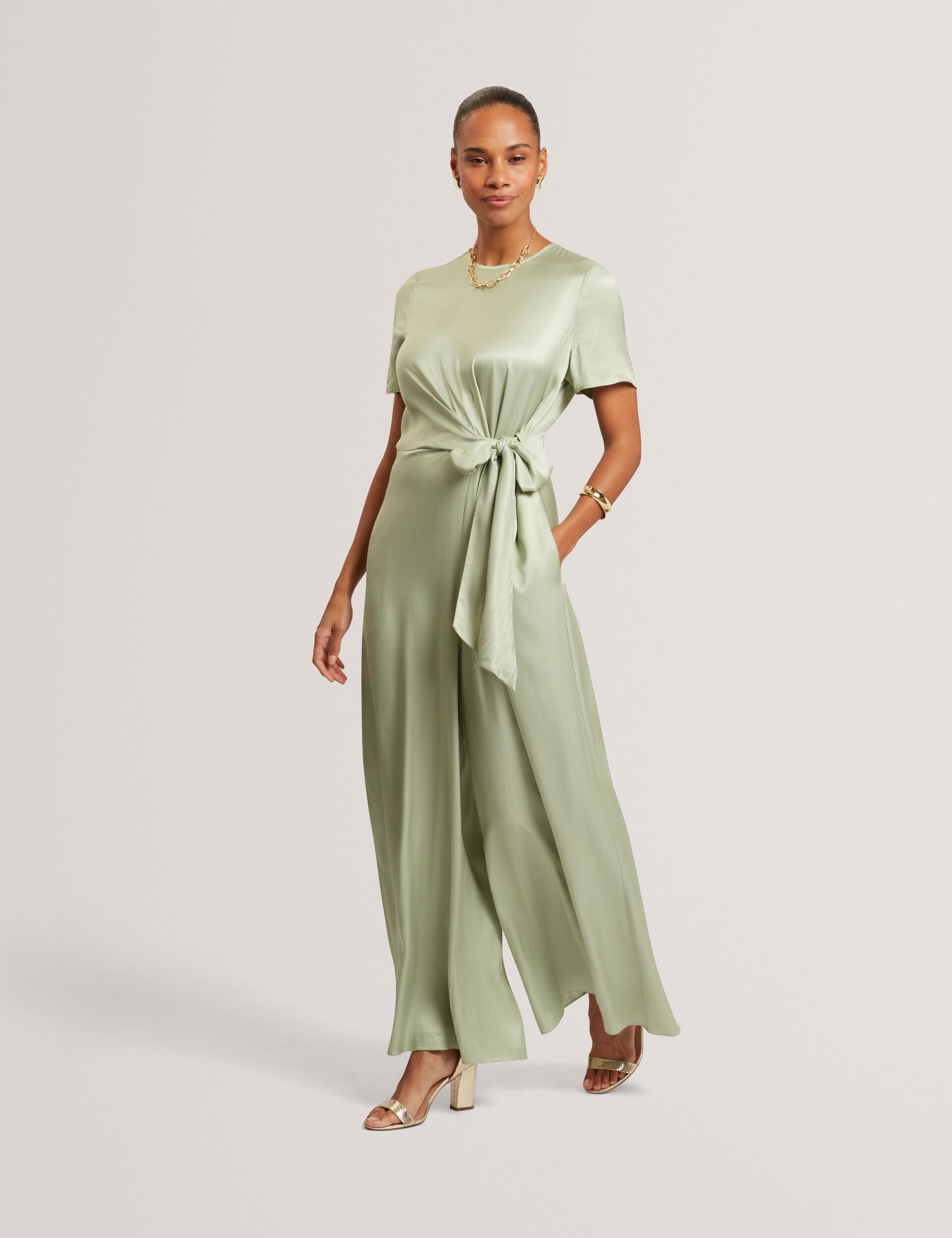 Light Green Tie Detail Short Sleeve Wide Leg Jumpsuit | Corza