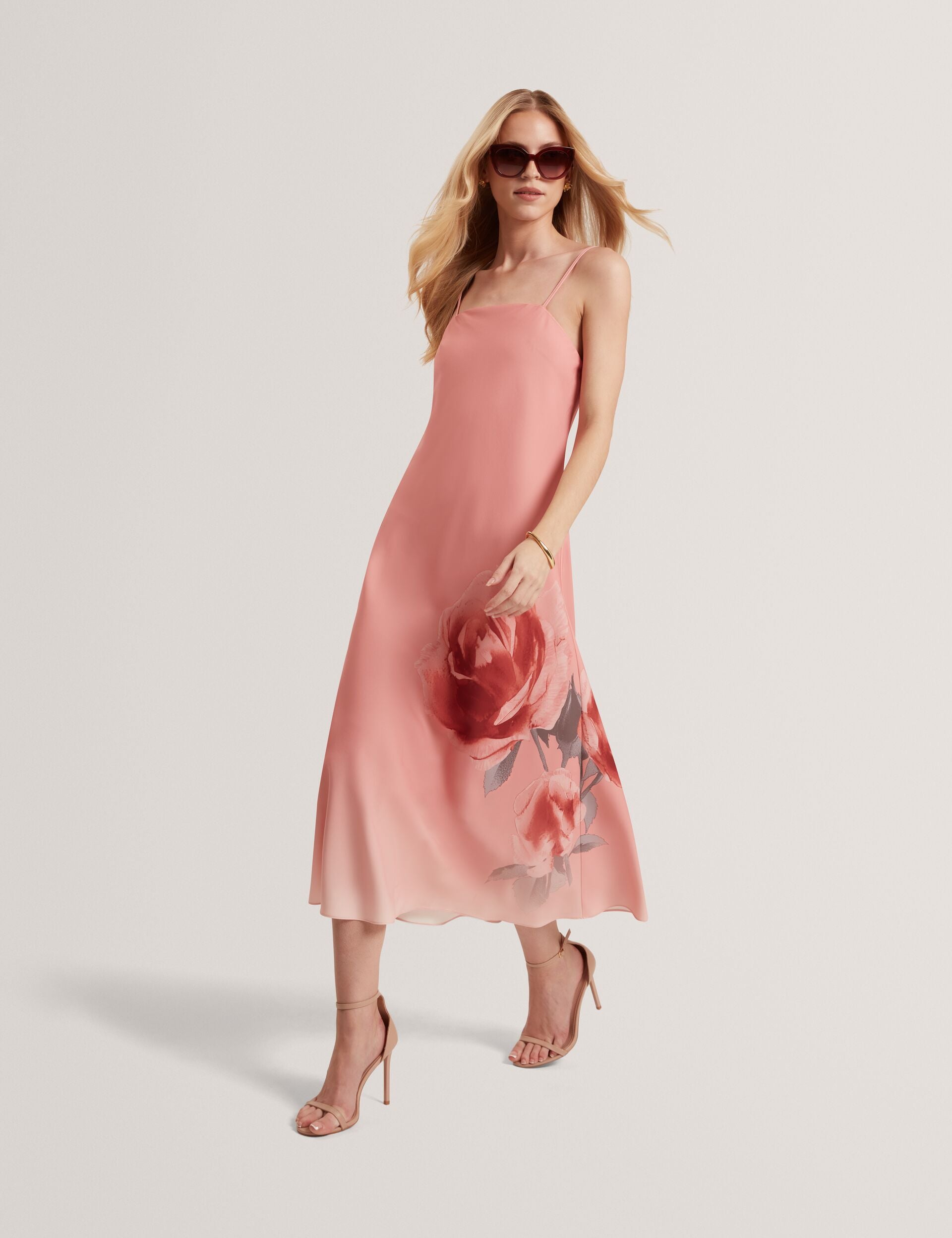 Rose Print Strappy A-line Midi Dress | Nahsa