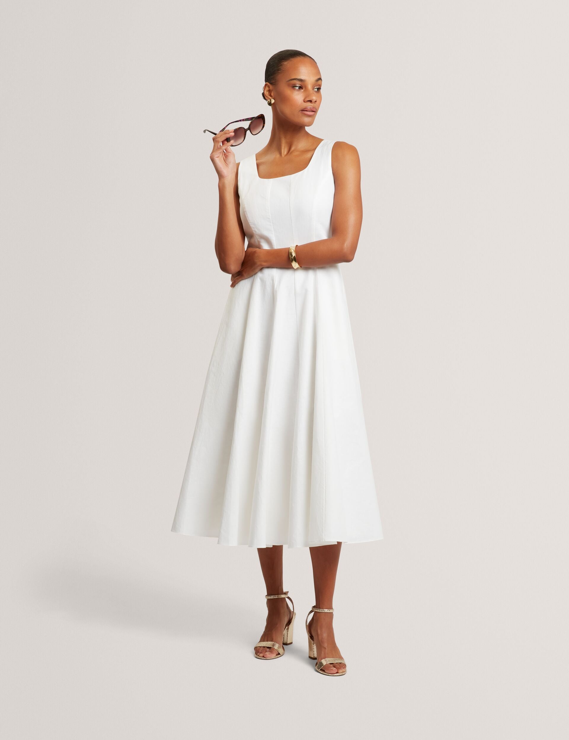 White Linen Cotton Panelled Sleeveless Midi Dress | Addisa
