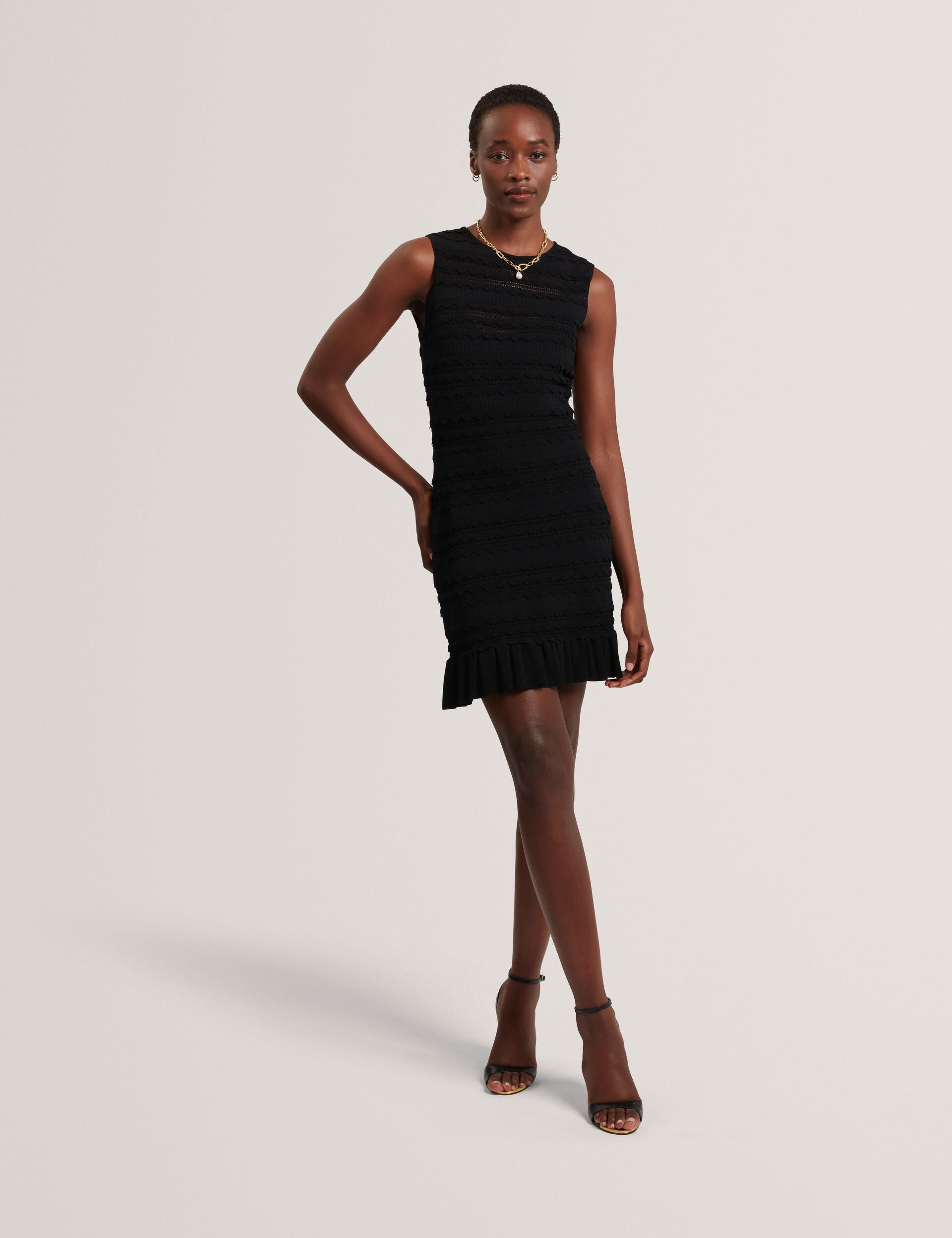 ted baker black bodycon dress Scallop Detail Flippy Mini | Avela Color:BROWN MULTI Chic YC Women's Smocked as described by Dorothy Summer Style