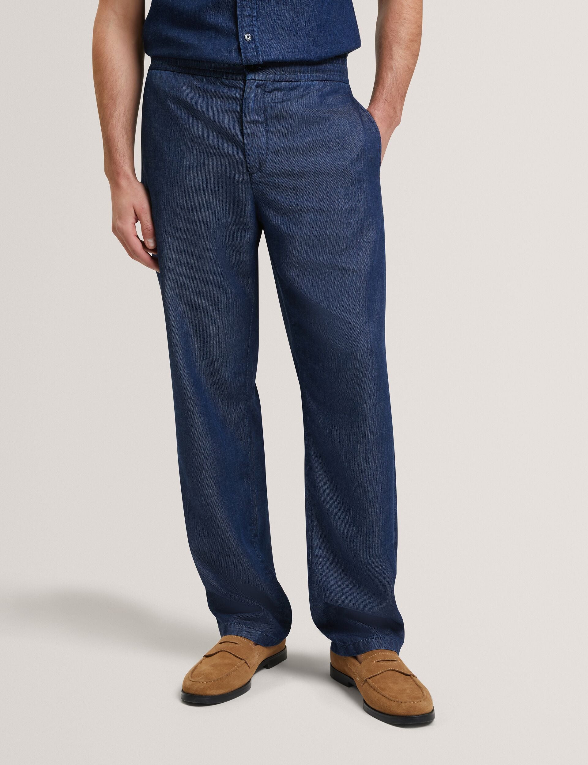 Navy Blue Relaxed Pull-on Chambray Pants | Ganmo | Ted Baker US