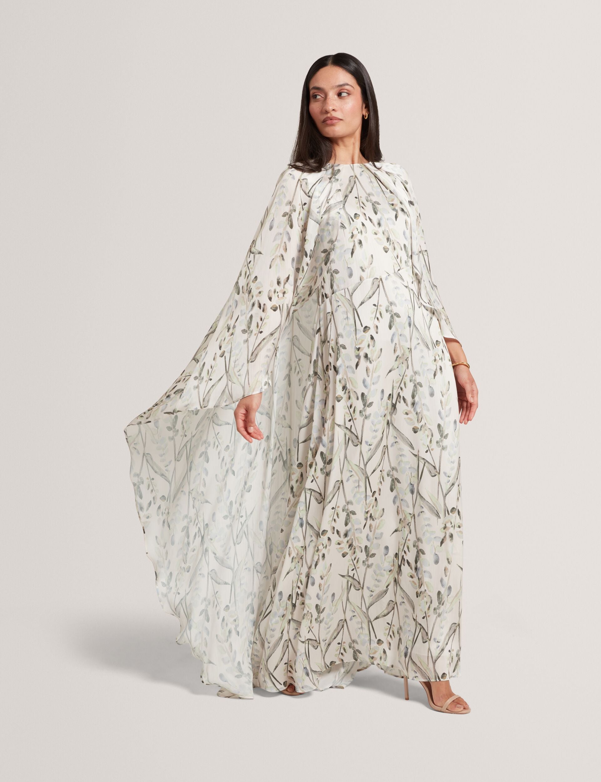 ted baker long dresses Leaf Print Cape Detail Maxi Dress | Gildaa Camila Striped Maxi Dress-Blue/White Casual dresses Fluttering sleeves Color:Dove/Blue Lake Multi mens resort