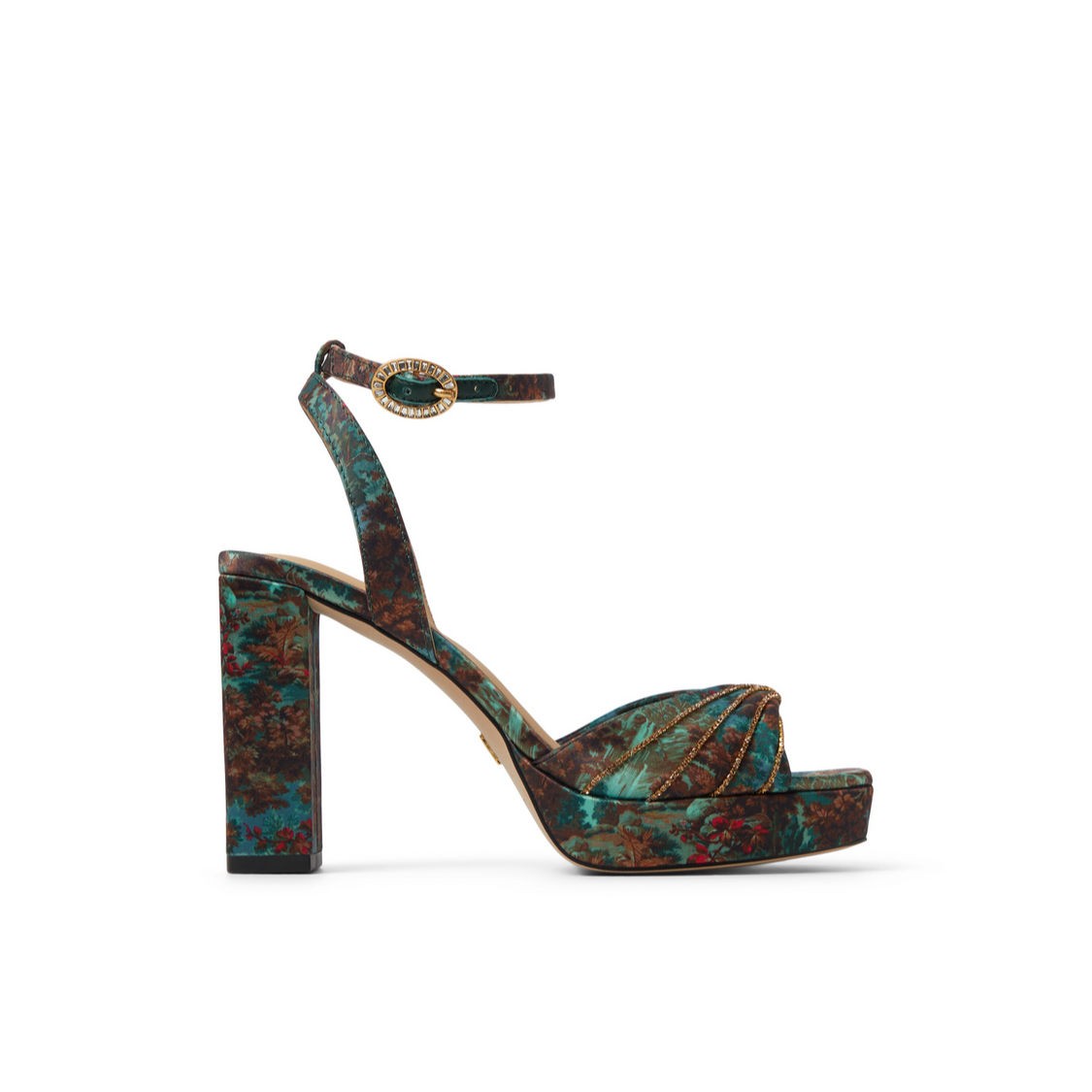 MADDY RUCHE Printed Satin Block Heeled Sandals