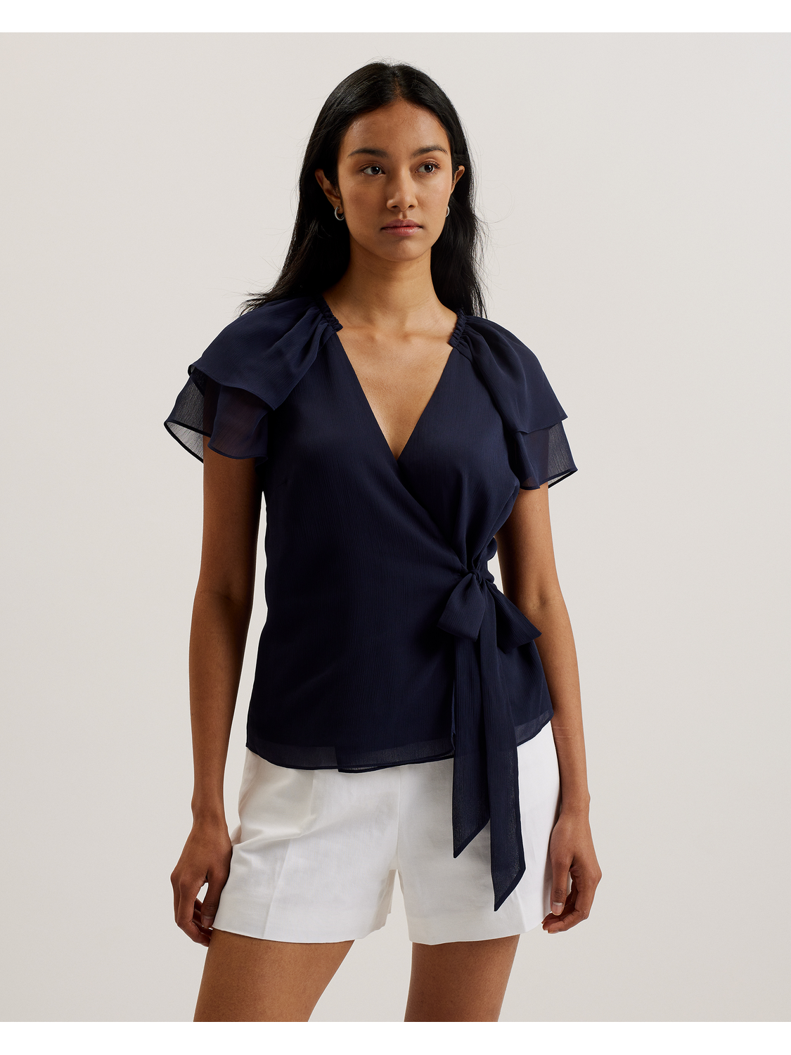 Dk-blue Chiffon Frill Short Sleeve Wrap Top | Nobora | Ted Baker US