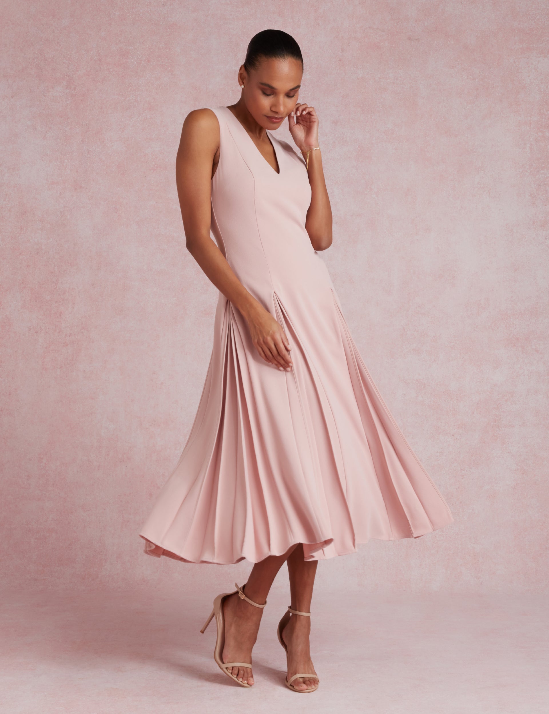 strapless open back dress Dusky Pink Sleeveless Inverted Pleat Midi Dress | Carneli