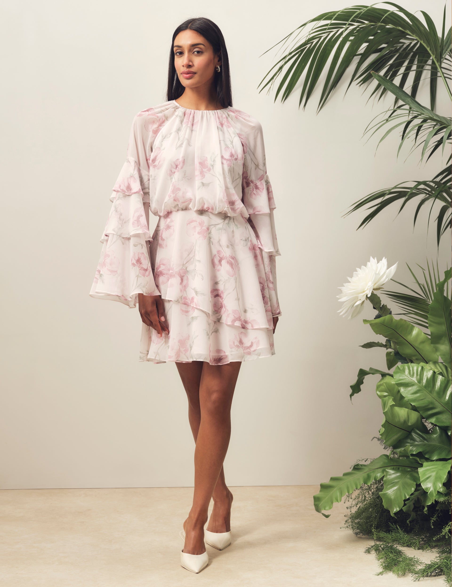 Rose Print Frilled Long Sleeve Mini Dress | Mahliia