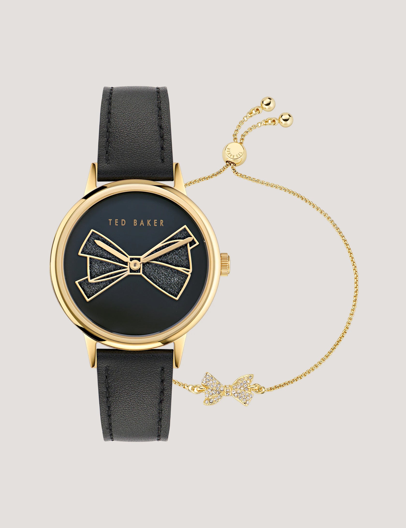 Black Sparkle Bow Black Leather Watch With Bracelet Phylipa