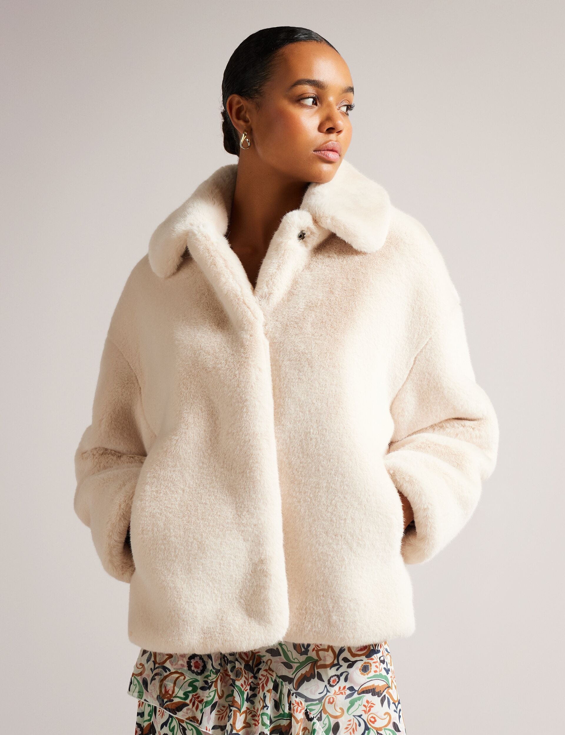 Ivory Faux Fur Collared Short Coat Liliam Ted Baker UK