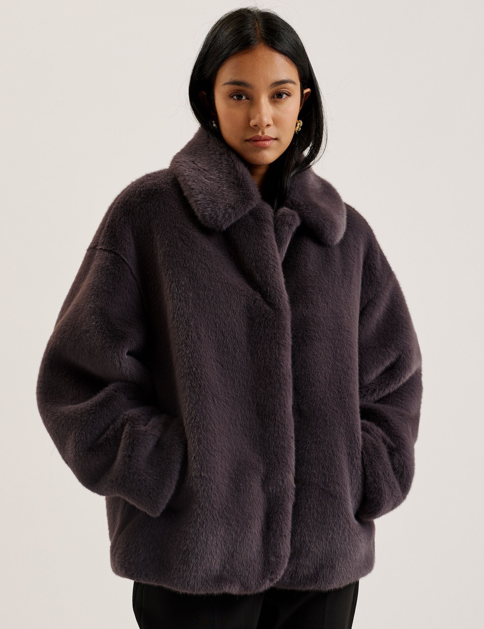 Dk-grey Faux Fur Collared Short Coat Liliam Ted Baker UK