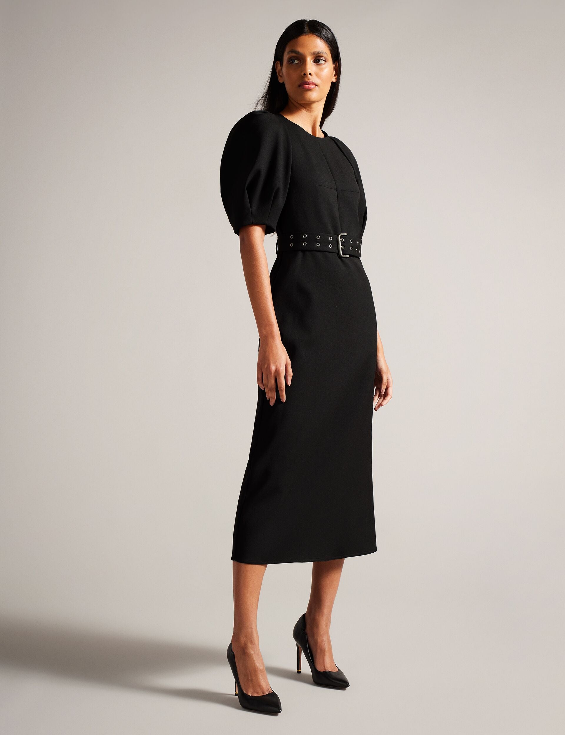 GABYELA - Structured Puff Sleeve Midi Dress With Belt GABYELA - Structured Puff Sleeve Midi Dress With Belt