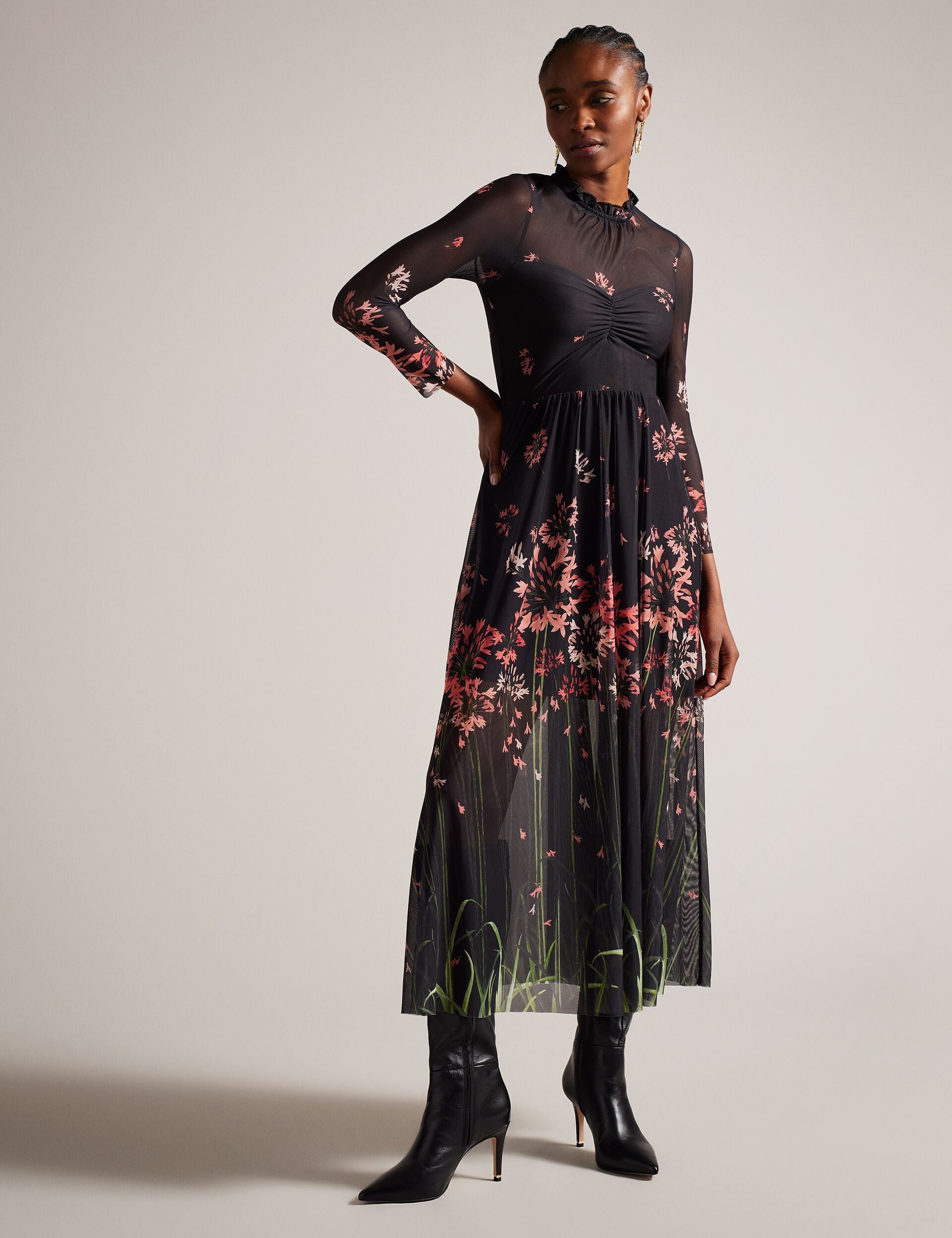 ted baker mesh dress Womens Ted Baker Printed Susenaa Mesh Dress With Ruffle Neck