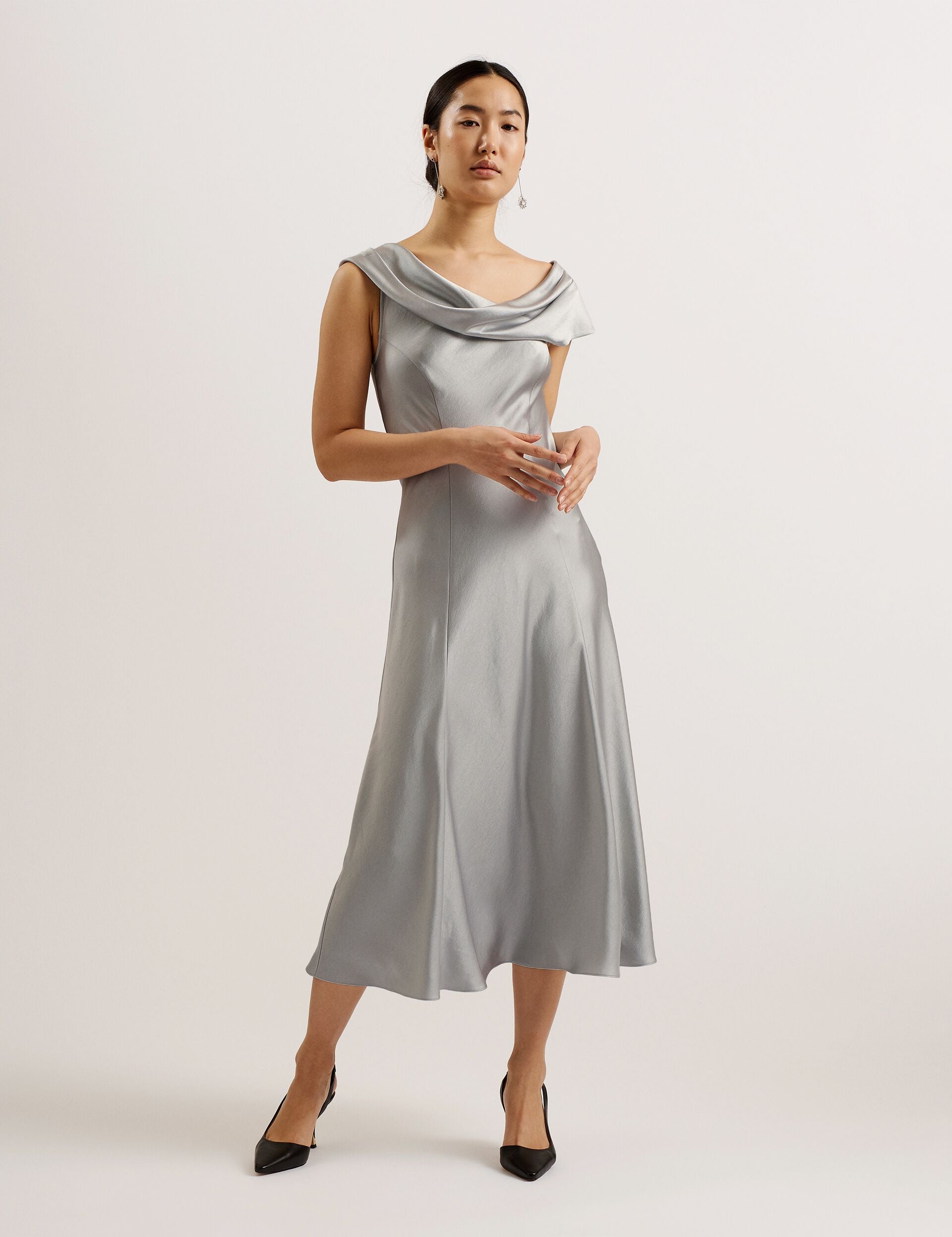 Ted Baker Womens Lt-grey Sirinna Draped-neck Bias-cut Woven Midi Dress 6