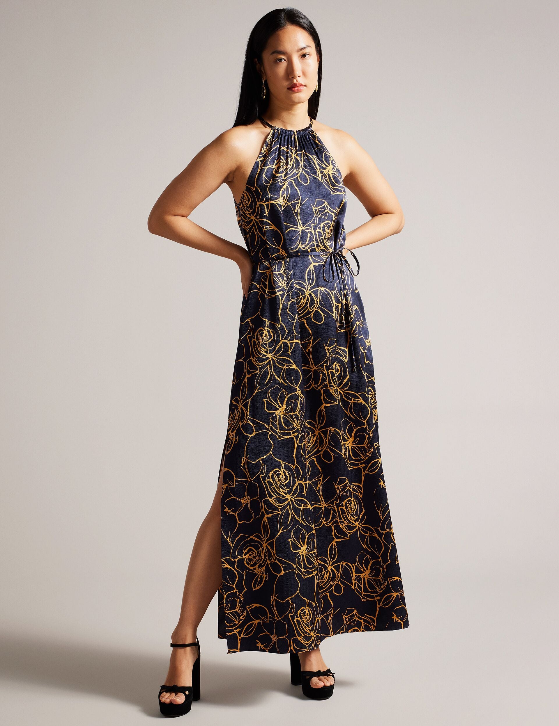 ted baker halter dress Womens Roxiell Halterneck Maxi Muslim Graduation Dresses | Lining 100% Cotton Girls Carolina Floral Long Sleeve Midi Dress (Size):S Bridal Edit