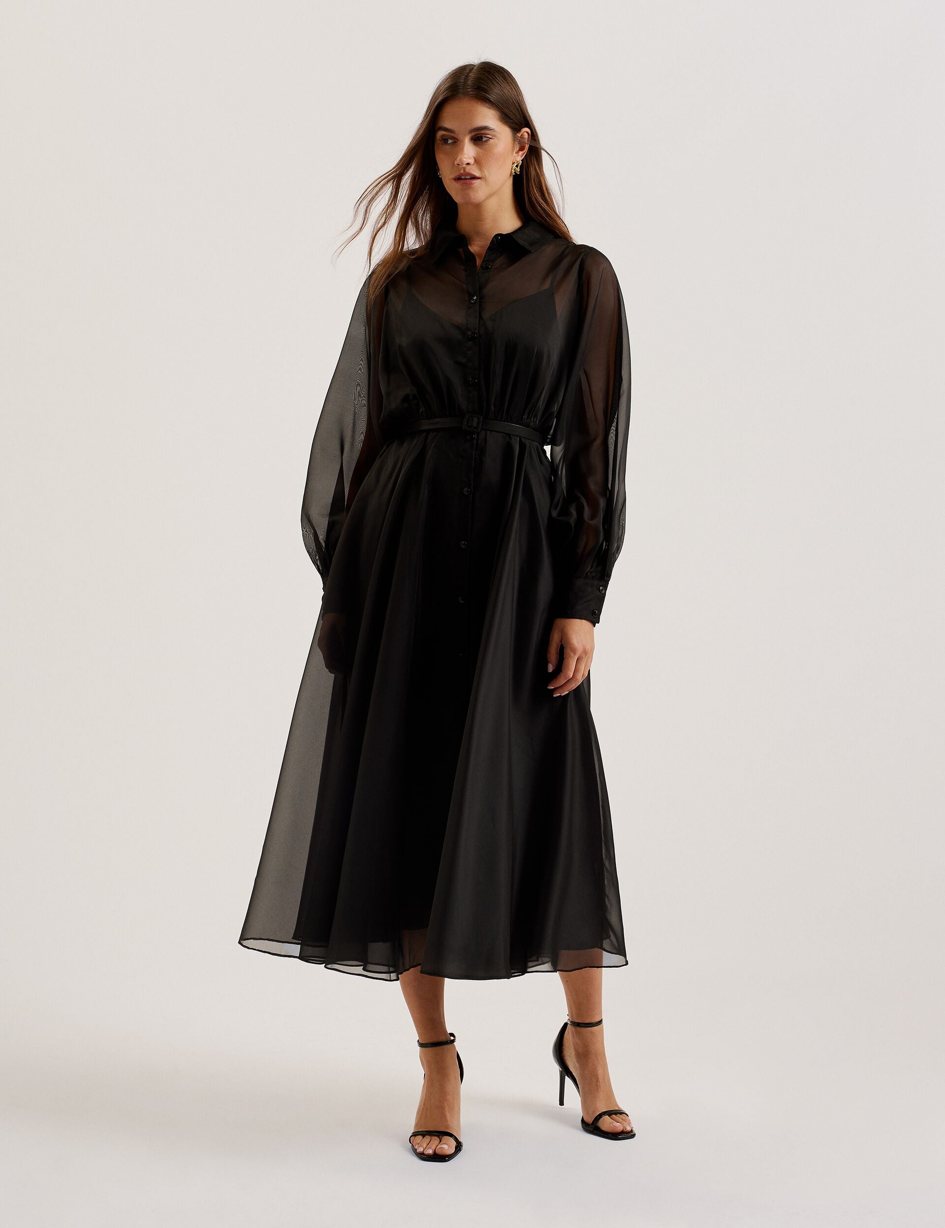 TED BAKERブラックドレス Black Organza Midi Shirt Dress With Belt | Gibara | Ted Baker UK
