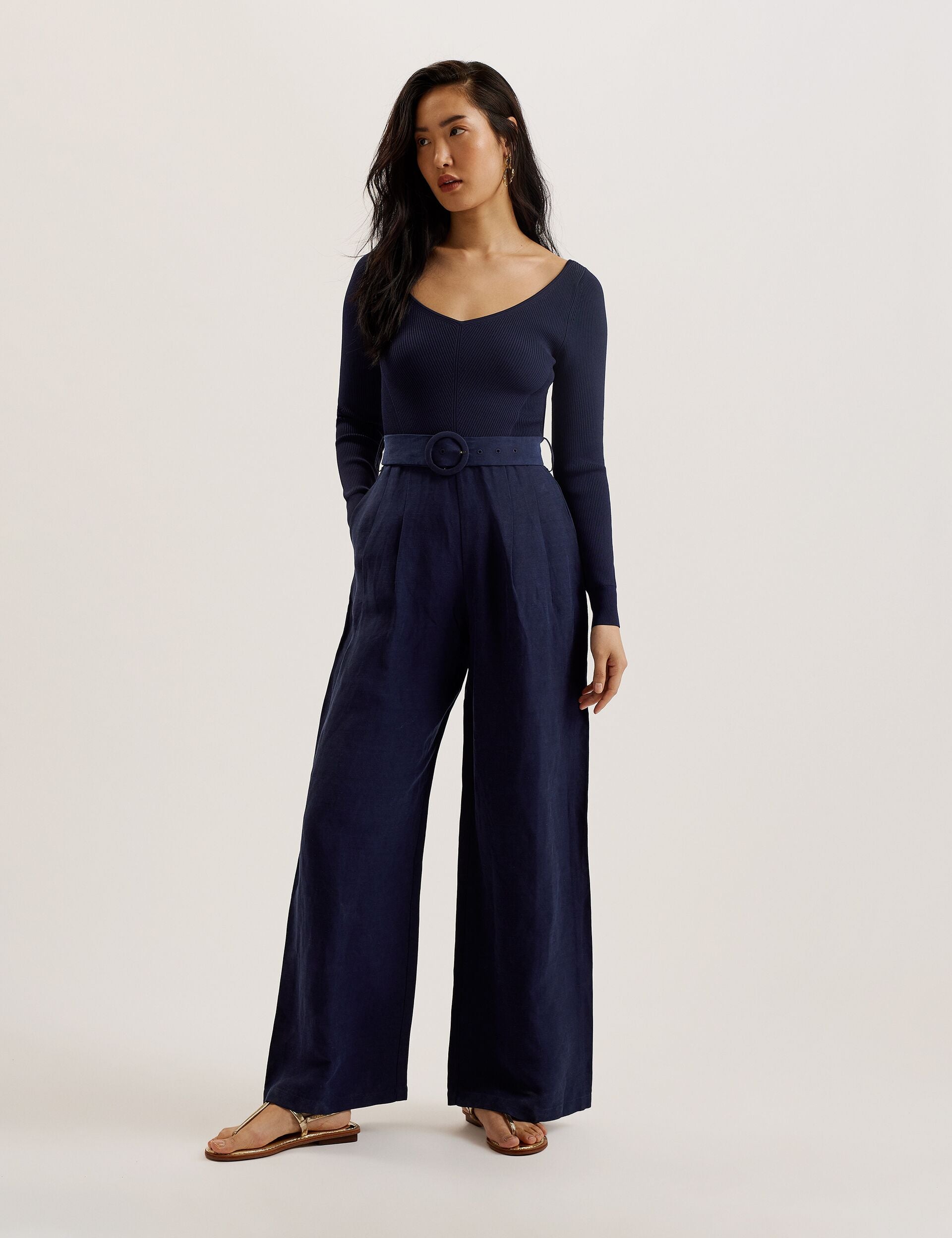 Navy Off Shoulder Belted Wide Leg Jumpsuit | Agatea | Ted Baker US