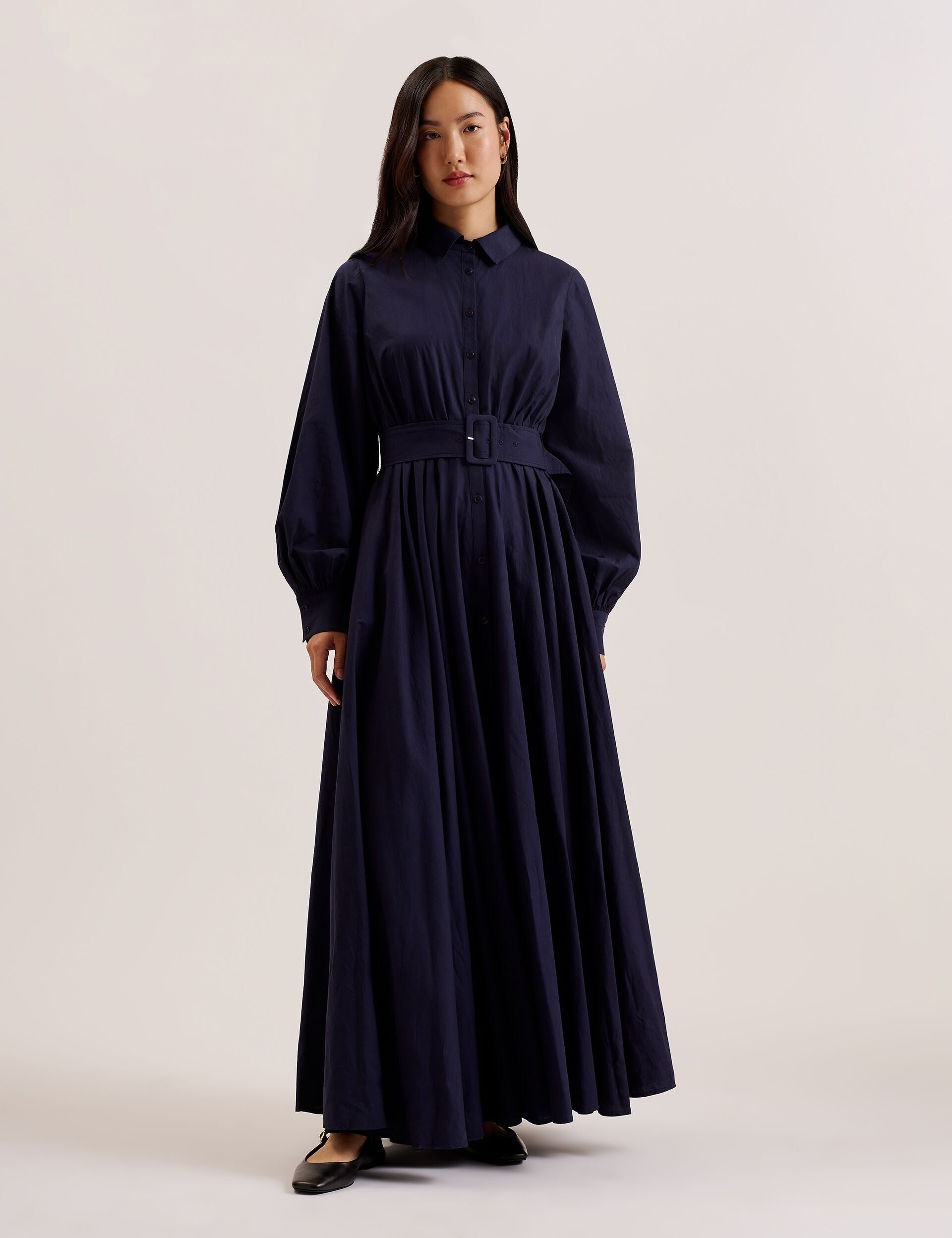 Navy Cotton Maxi Shirt Dress With Belt | Ene