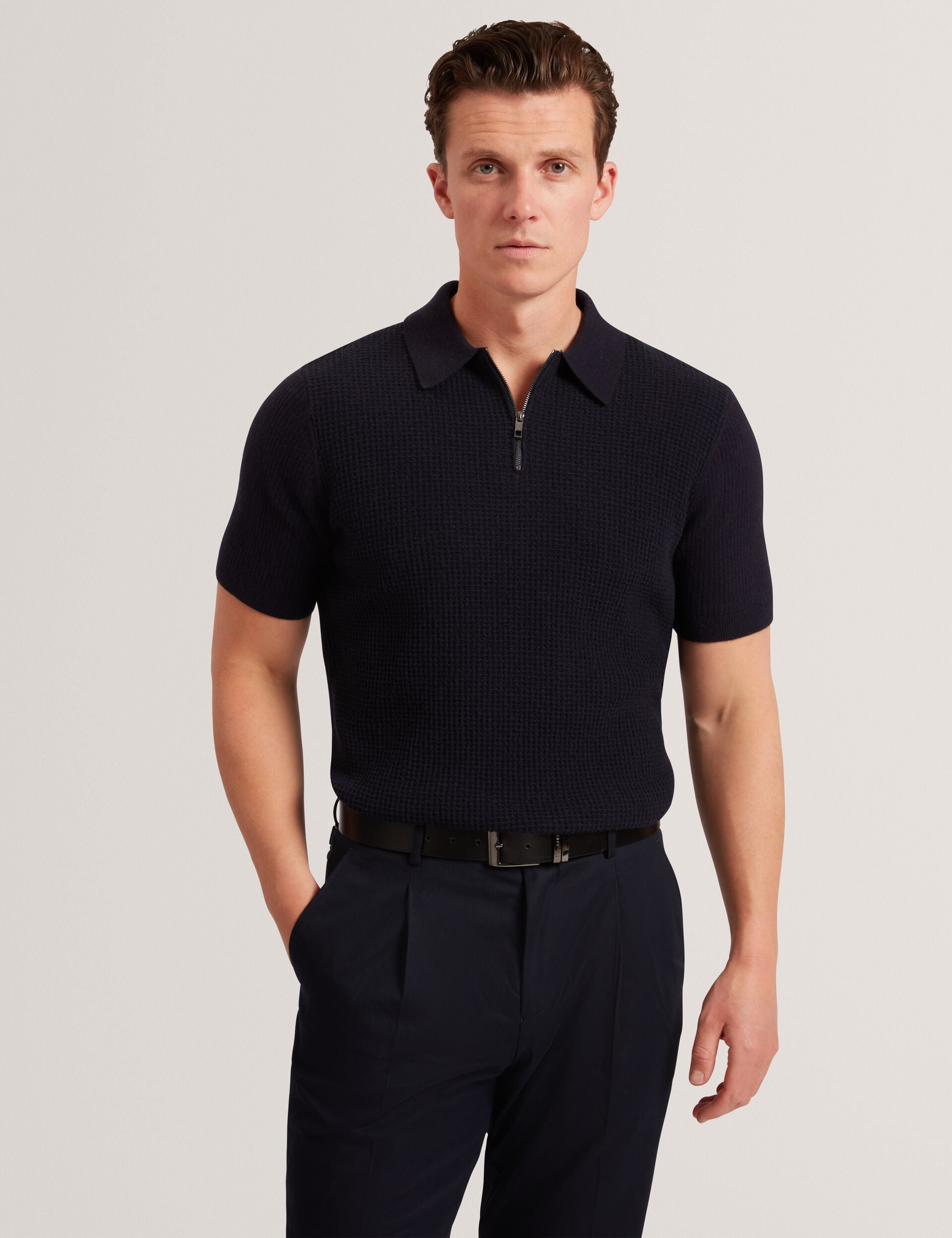 Navy Waffle Knit Zip Neck Short Sleeve Polo | Jaylon | Ted Baker US