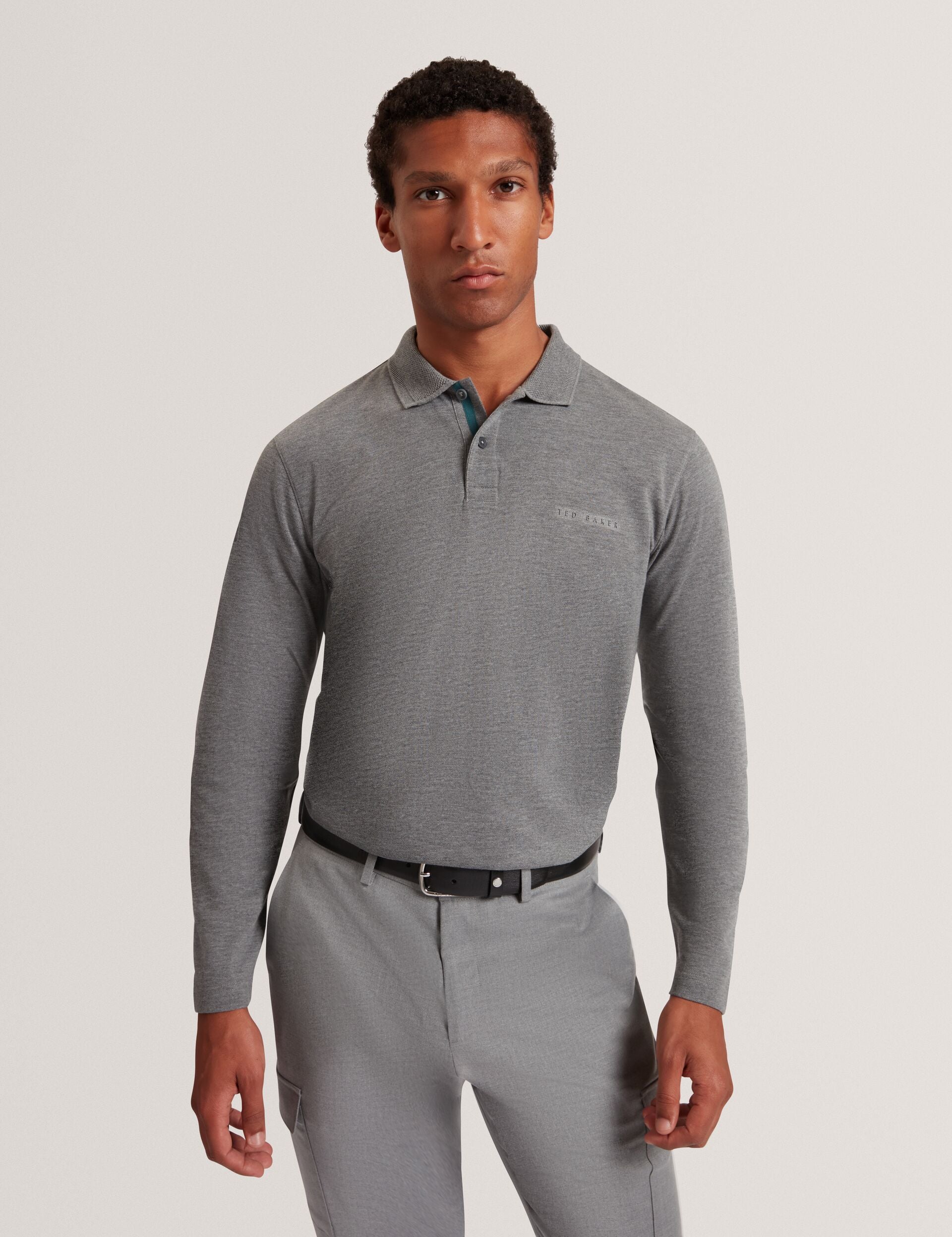 Mid Grey Honeycomb Trim Pique Long Sleeve Polo | Woan | Ted Baker UK