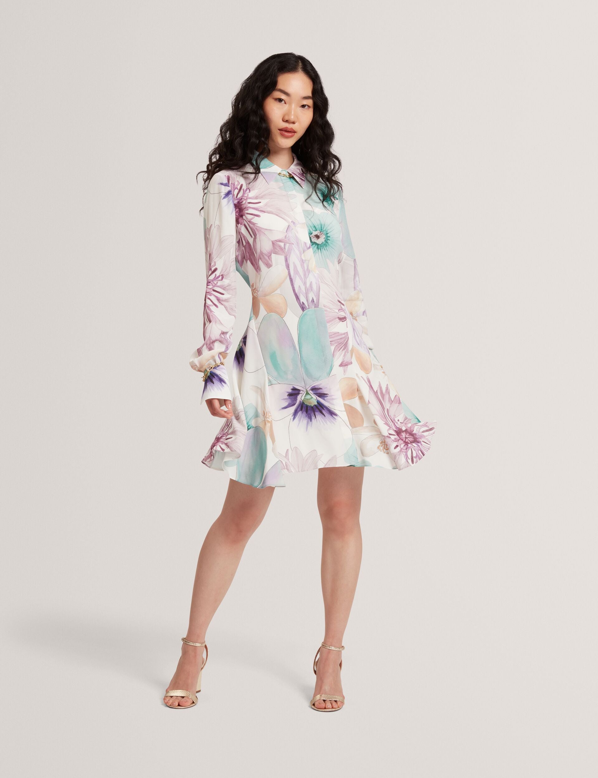 ted baker white long sleeve dress White Pastel Floral Print Mini Shirt Dress | MAYHA