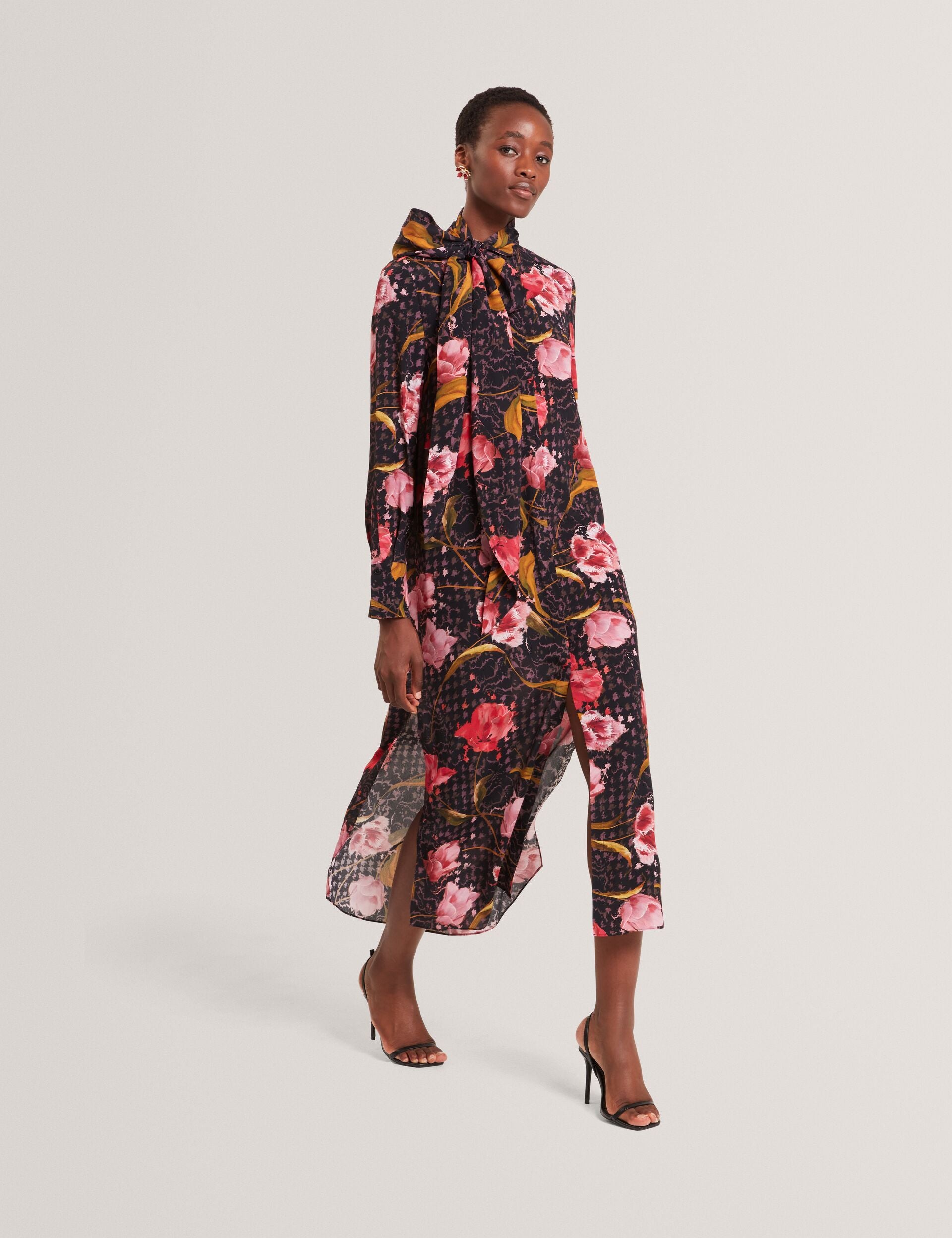 Black Floral Check Tie Neck Midi Shirt Dress | Elann