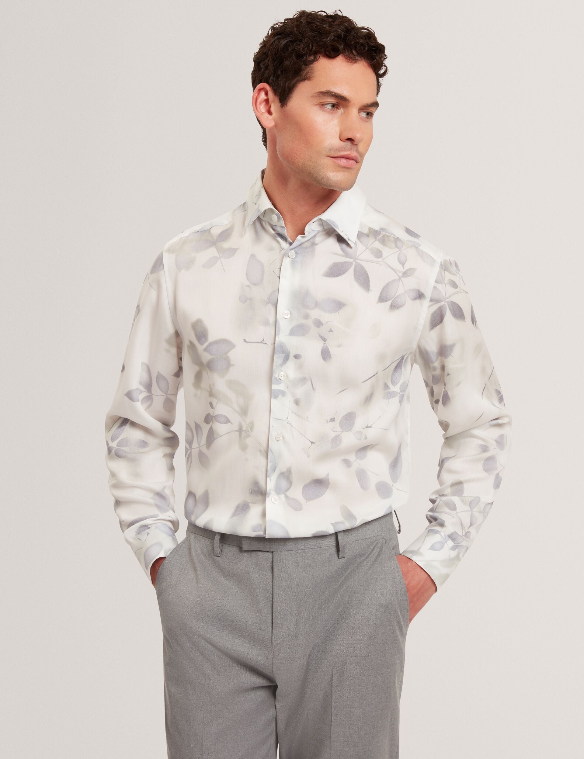 White Photograhic Leaf Print Regular Fit Shirt | Kalmill | Ted