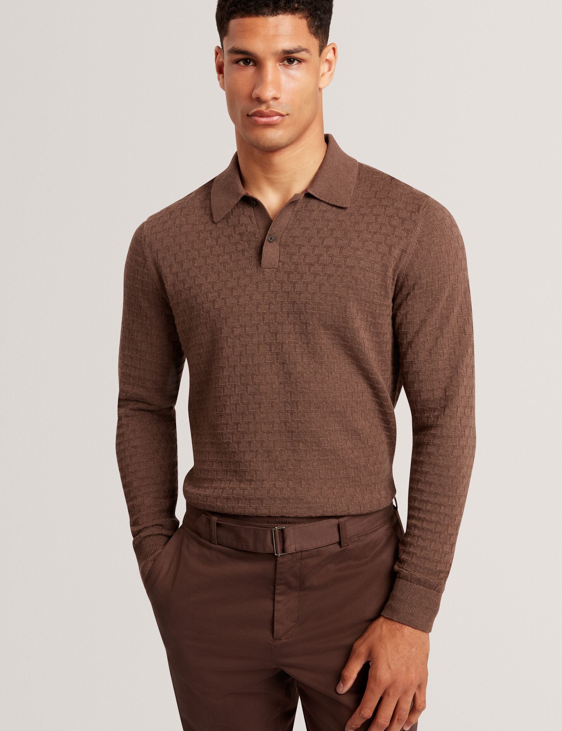 Dark Brown Branded Texture Knit Long Sleeve Polo | Gaten | Ted