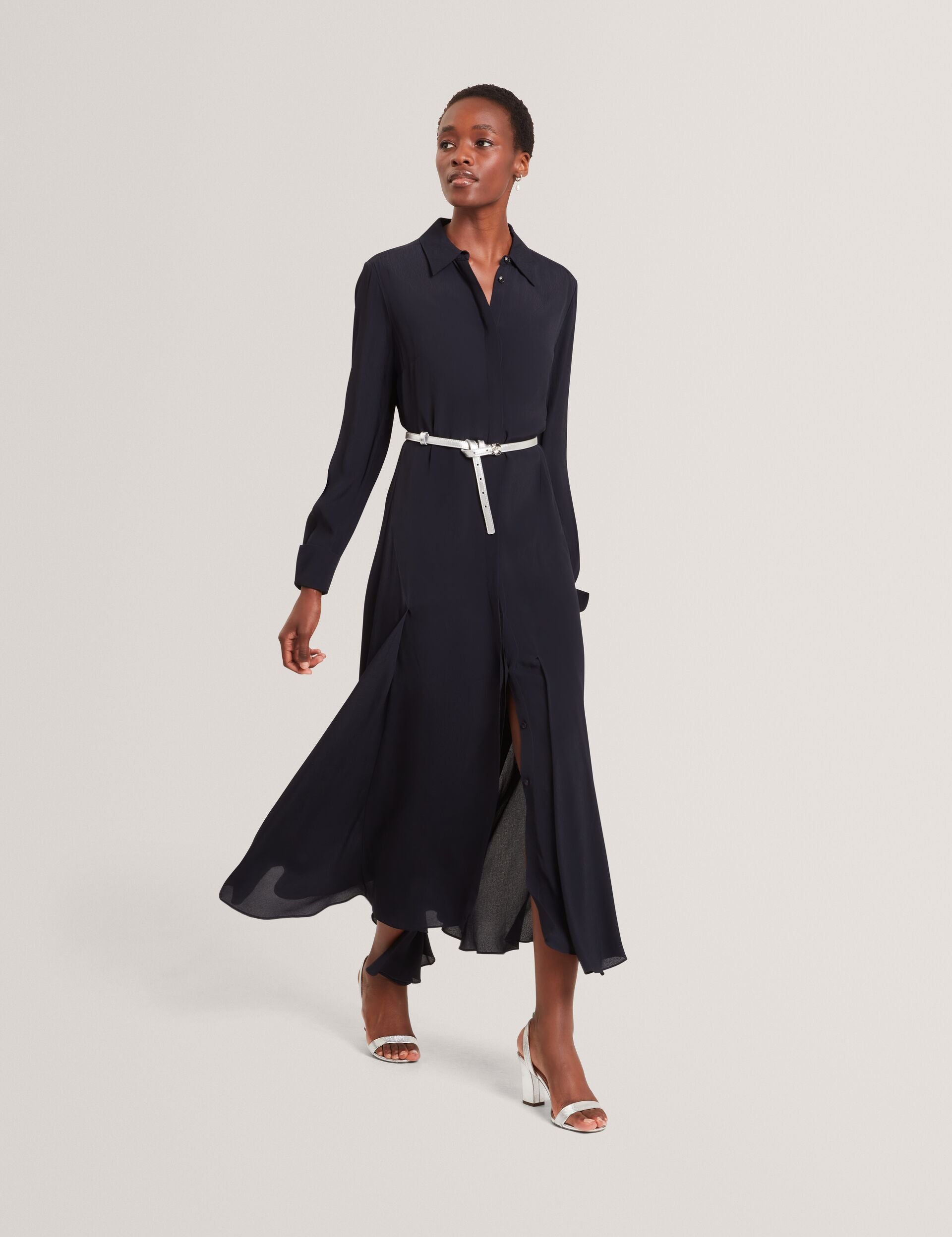 ted baker metallic shirt dress Navy Asymmetric Crepe Midi Shirt Dress | Aluma