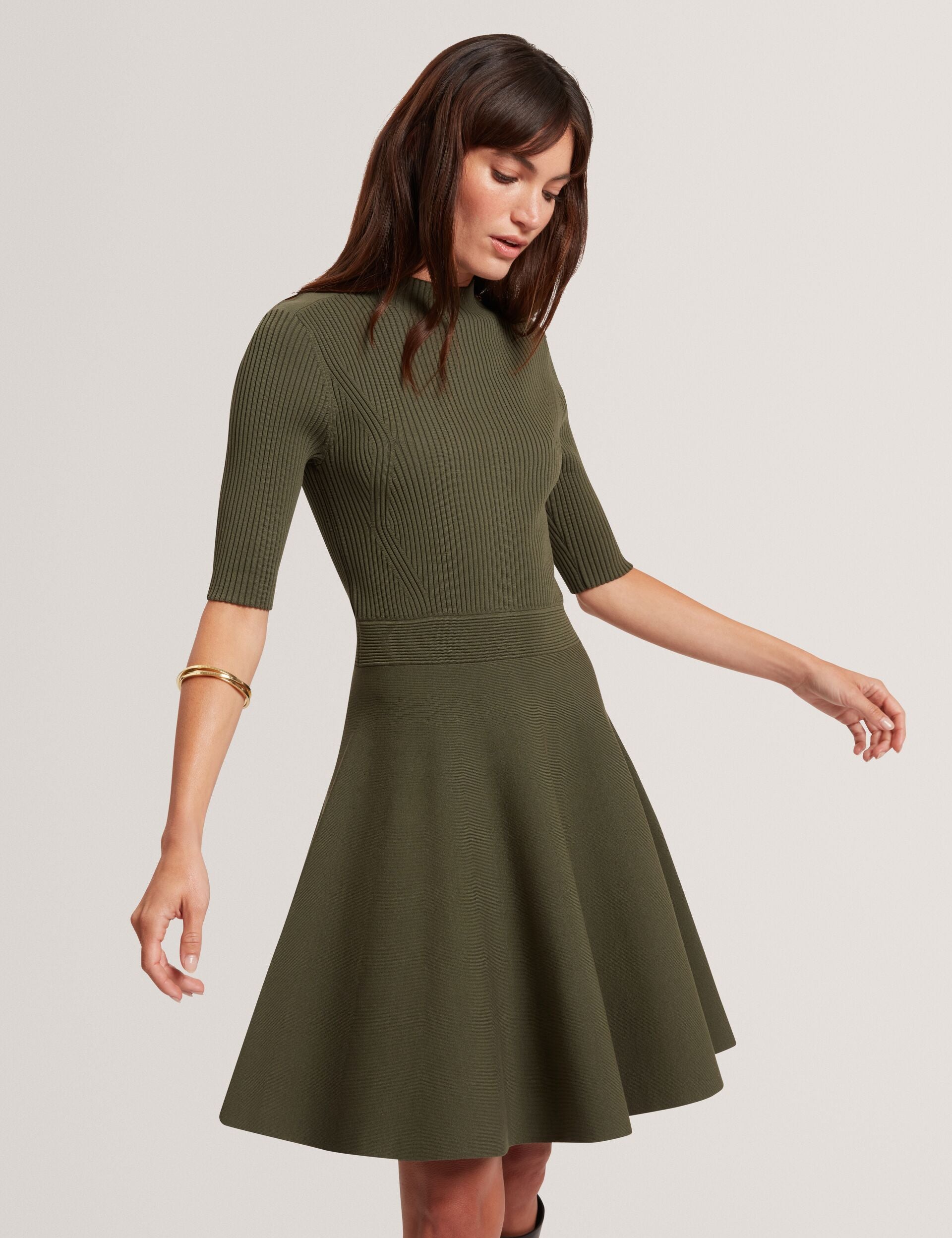 green emerald velvet dress Ribbed Skater Dress With Rose Buttons | Lilano