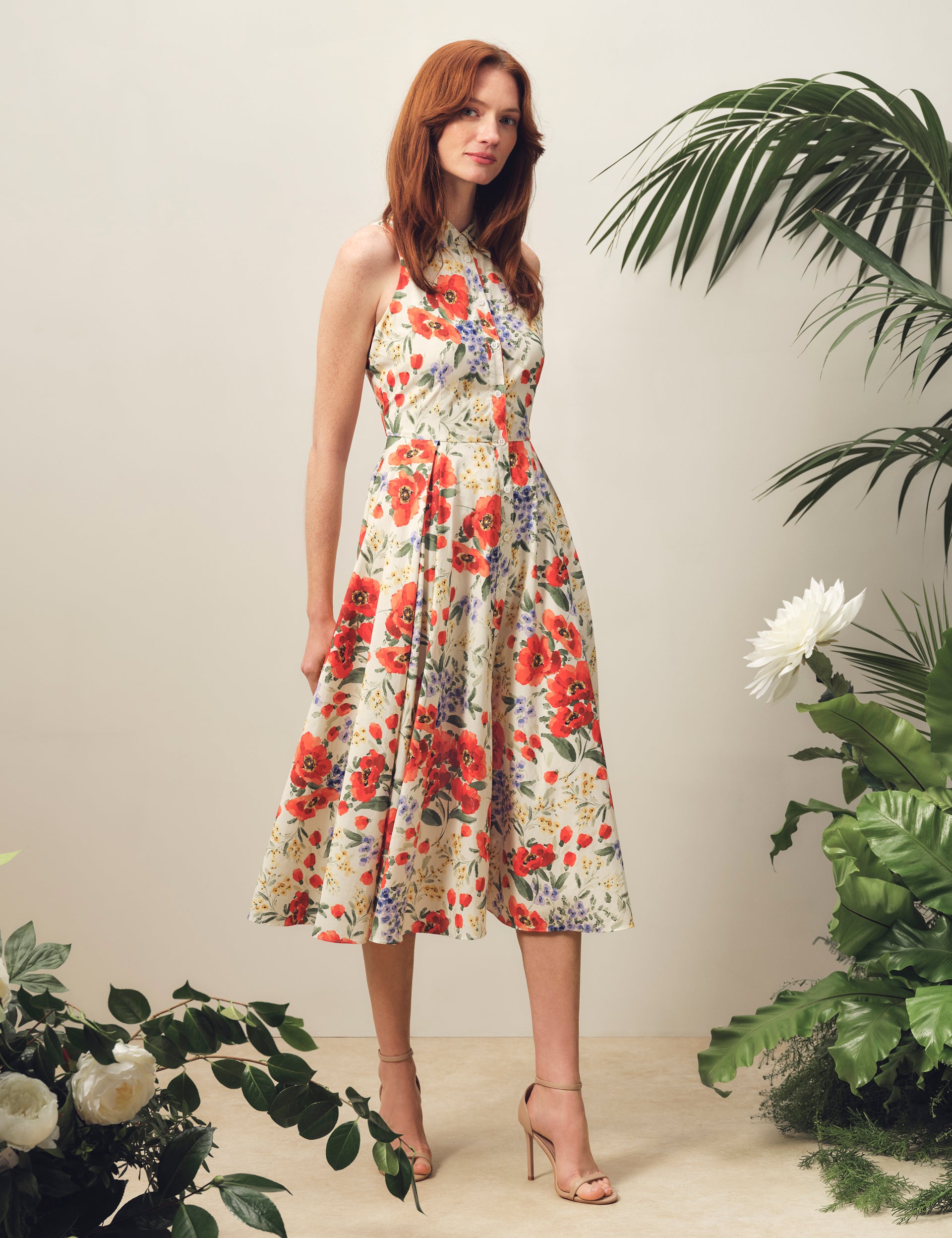 green emerald velvet dress Floral Sleeveless Collared Midi Dress | Noemia