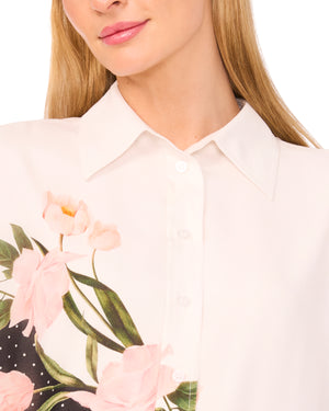 LONG SLEEVE BUTTON UP BLOUSE WITH ENAMEL | WHITE