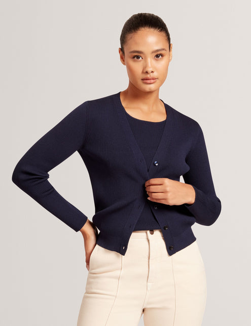 V-NECK CARDIGAN WITH RIB | NAVY