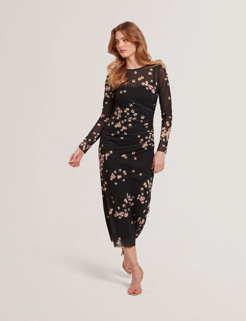 MESH PRINTED COLUMN DRESS | RICH BLACK