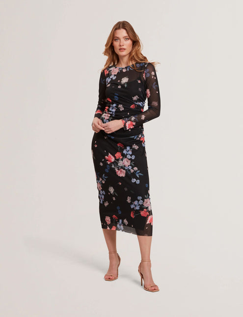 MESH PRINTED COLUMN DRESS | BLACK