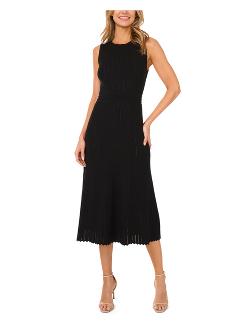 SLEEVELESS POINTELLE & RIB MIDI DRESS | RICH BLACK