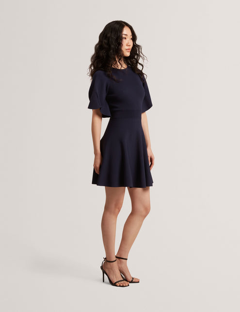 FLARE SHORT SLEEVE CREW NECK MINI DRESS | NAVY